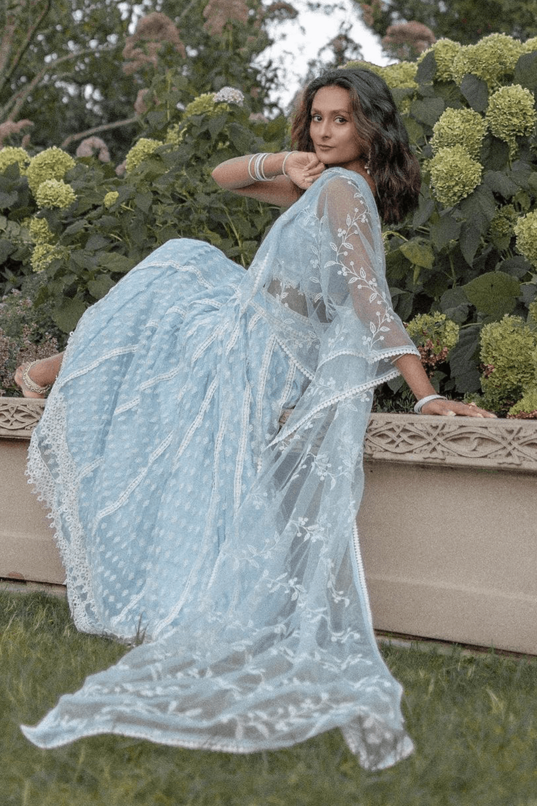 Mulmul Vista Net Light Blue Lehenga