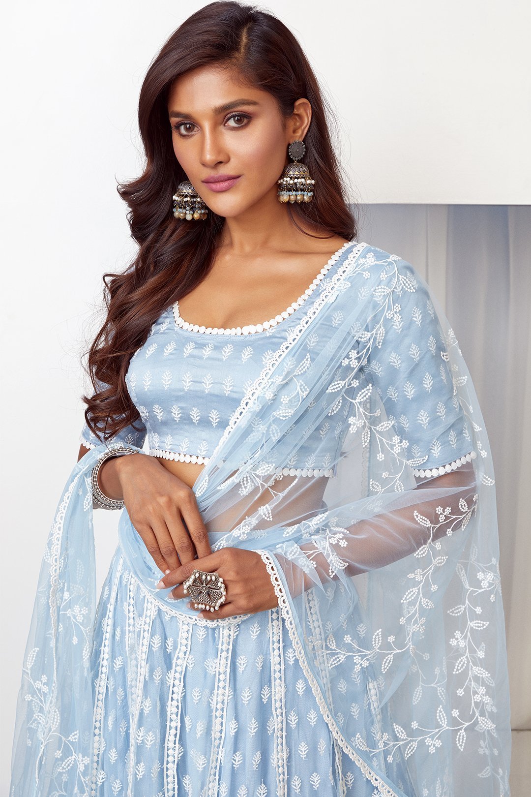 Mulmul Vista Net Light Blue Lehenga