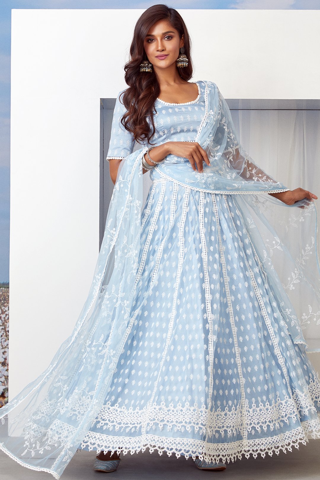 Mulmul Vista Net Light Blue Lehenga