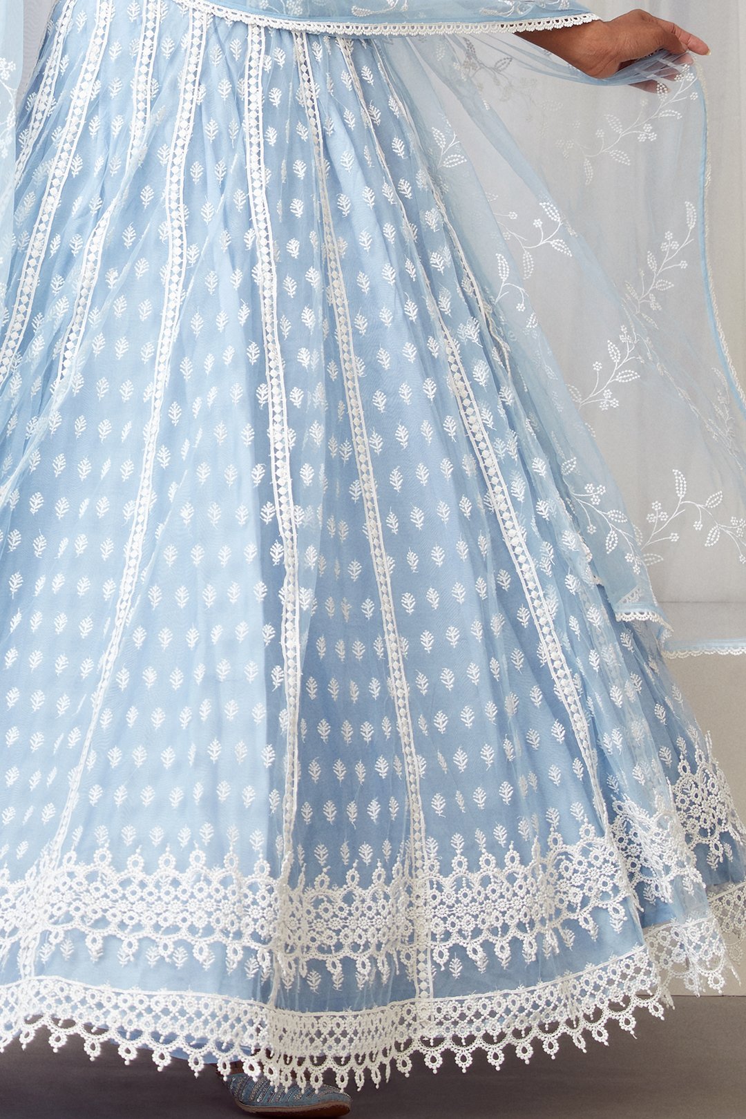 Mulmul Vista Net Light Blue Lehenga