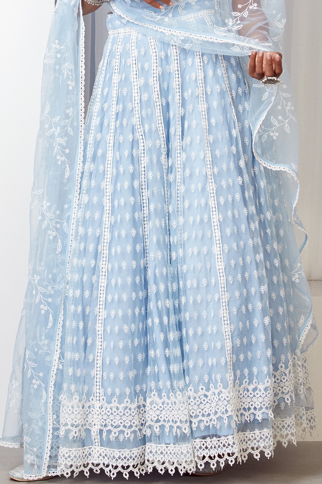 Mulmul Vista Net Light Blue Lehenga