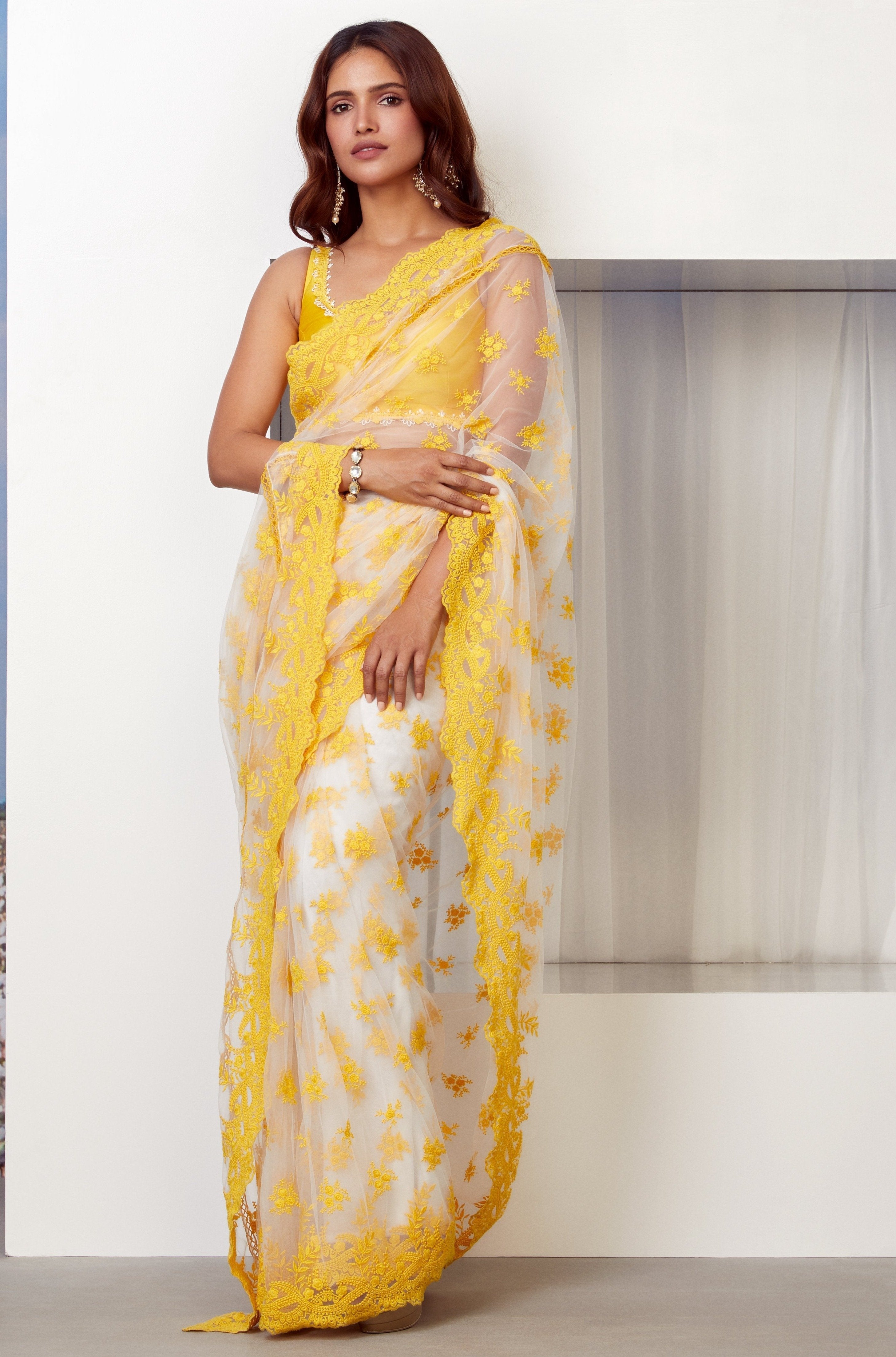 Mulmul Allure Net Yellow Saree