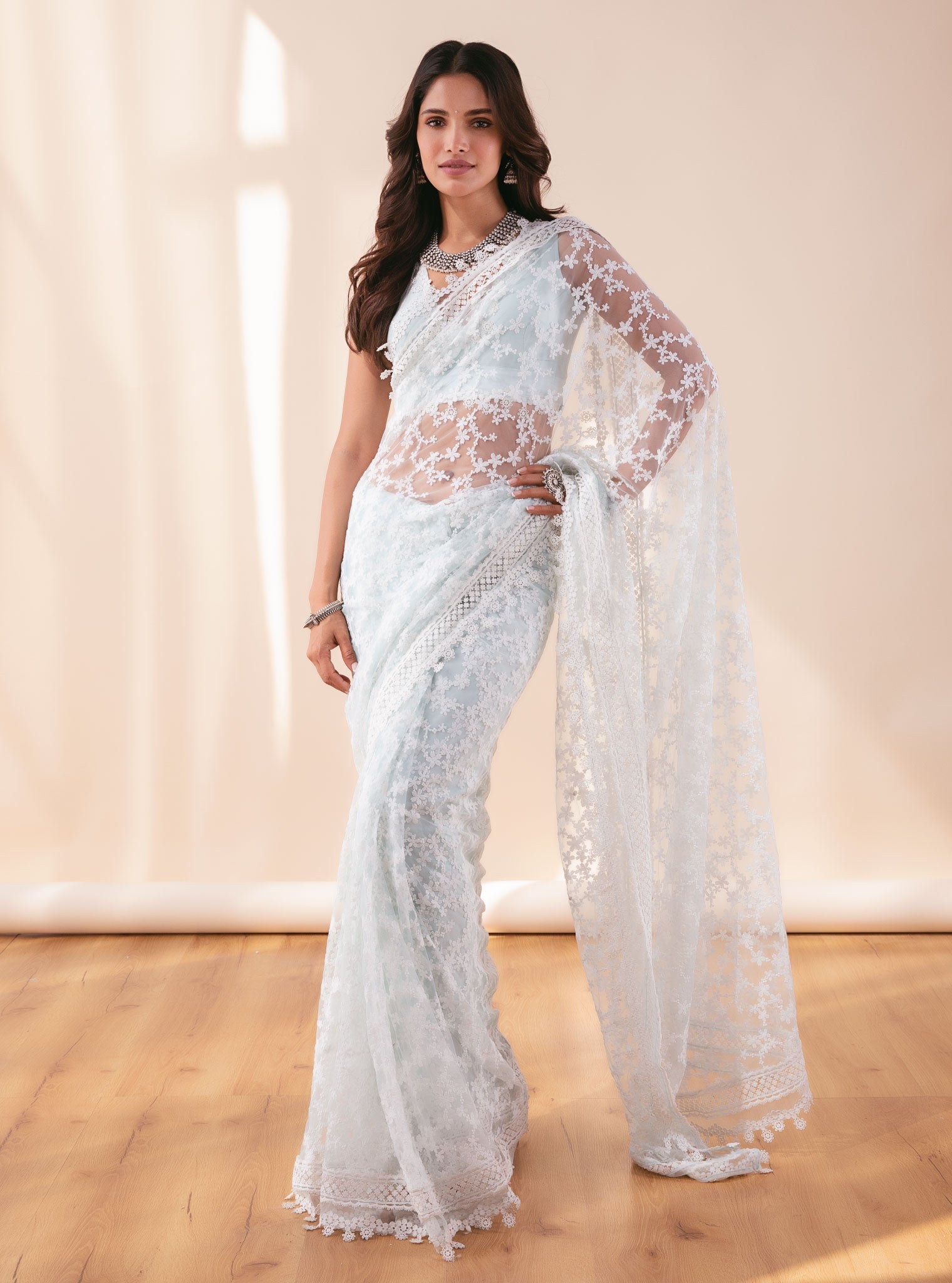 Mulmul Net Peora Blue Saree