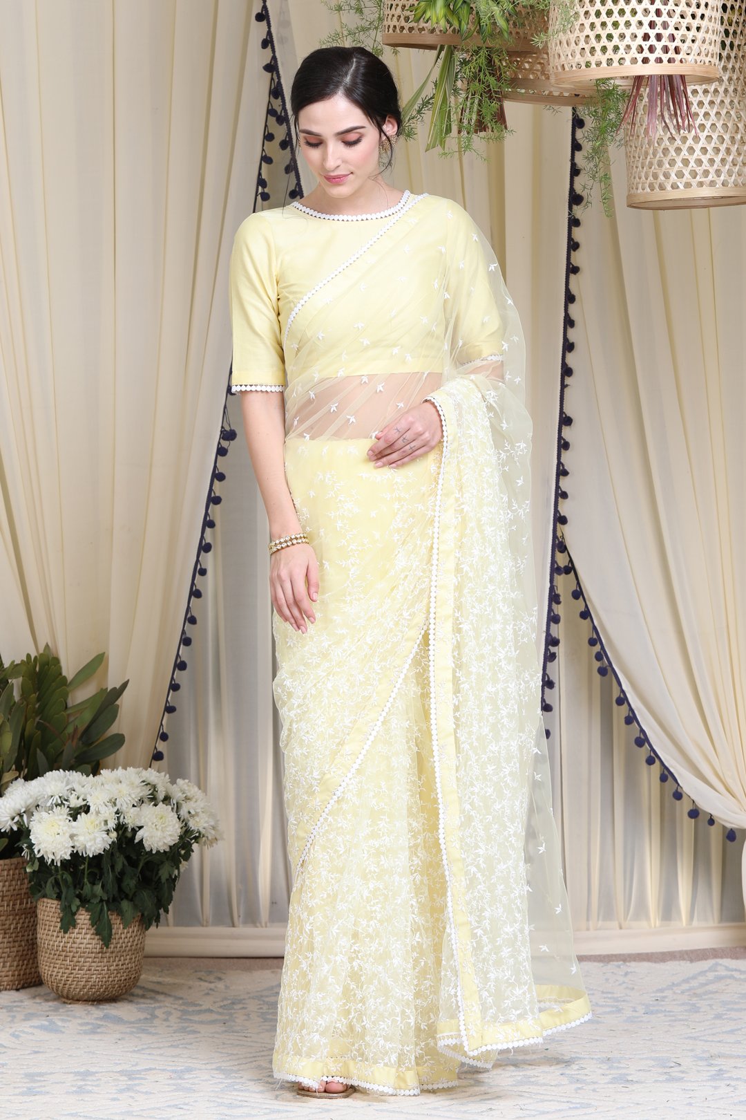 Mulmul Net Embroidered Yellow Saree