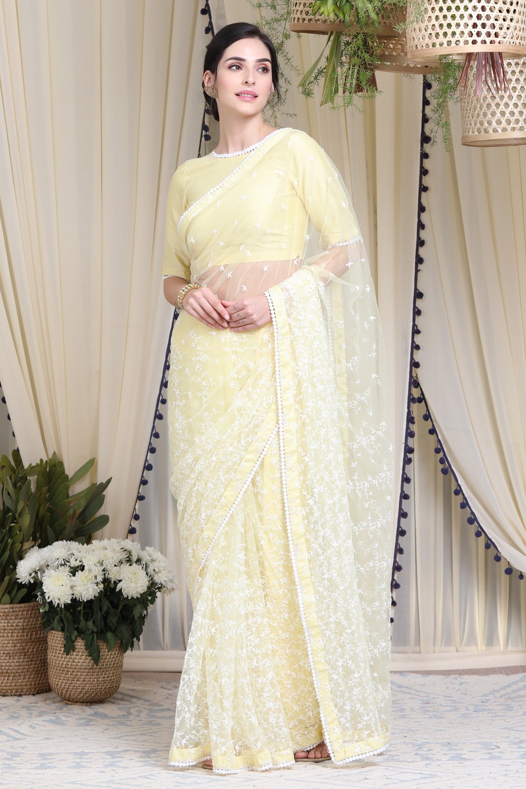 Mulmul Net Embroidered Yellow Saree