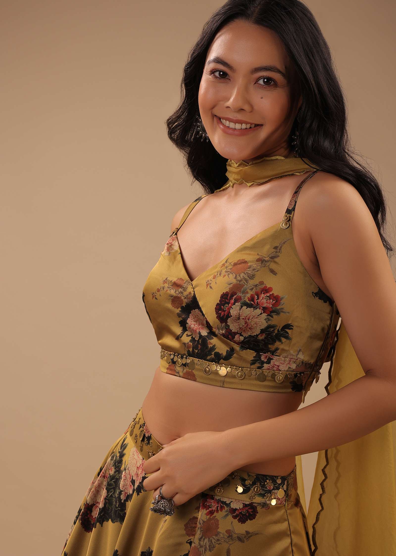 Mustard Gold Satin Crop Top And Skirt With Floral Print And Scallop Cut Hemline