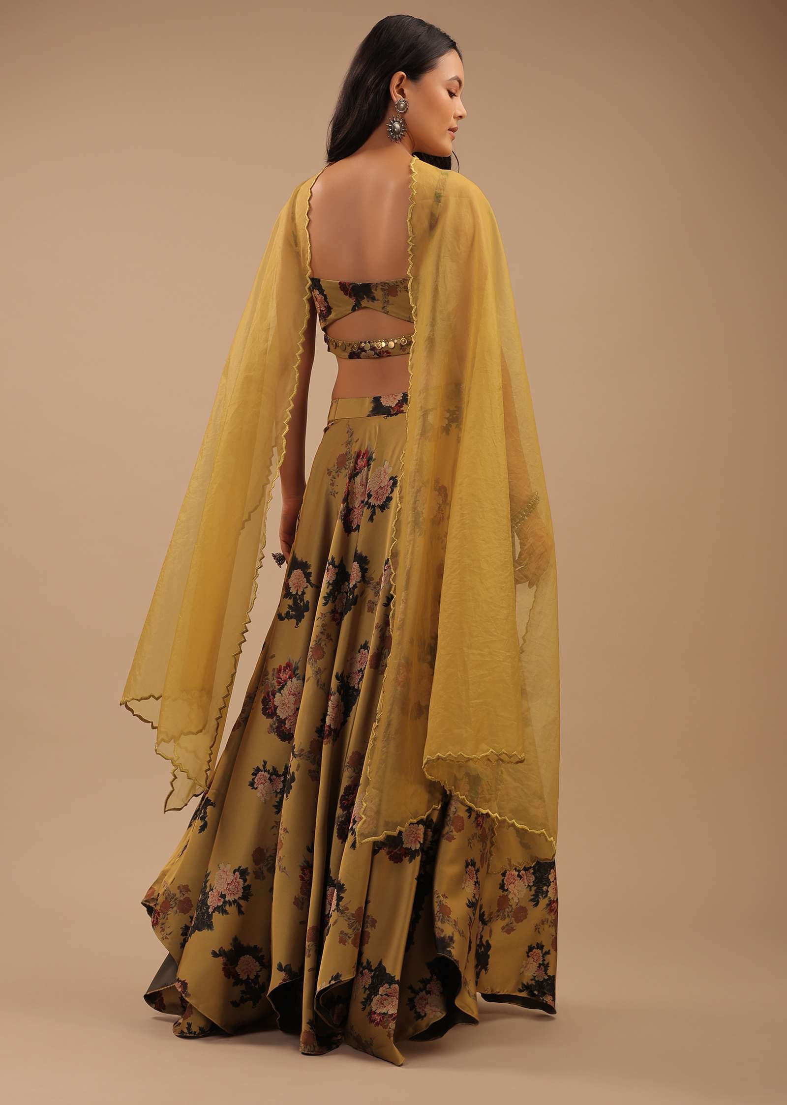 Mustard Gold Satin Crop Top And Skirt With Floral Print And Scallop Cut Hemline