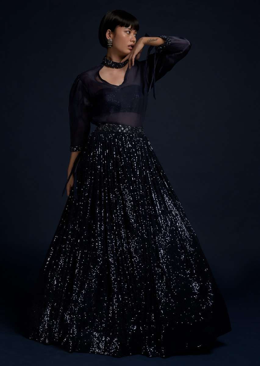 Navy Blue Lehenga Embellished In Sequins With A Matching Organza Top And Sequins Bustier