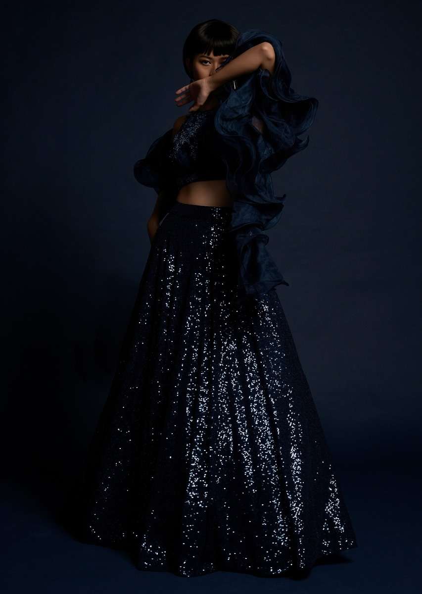 Navy Blue Lehenga Embellished In Sequins With Cut Dana Embellished Crop Top And Ruffle Dupatta