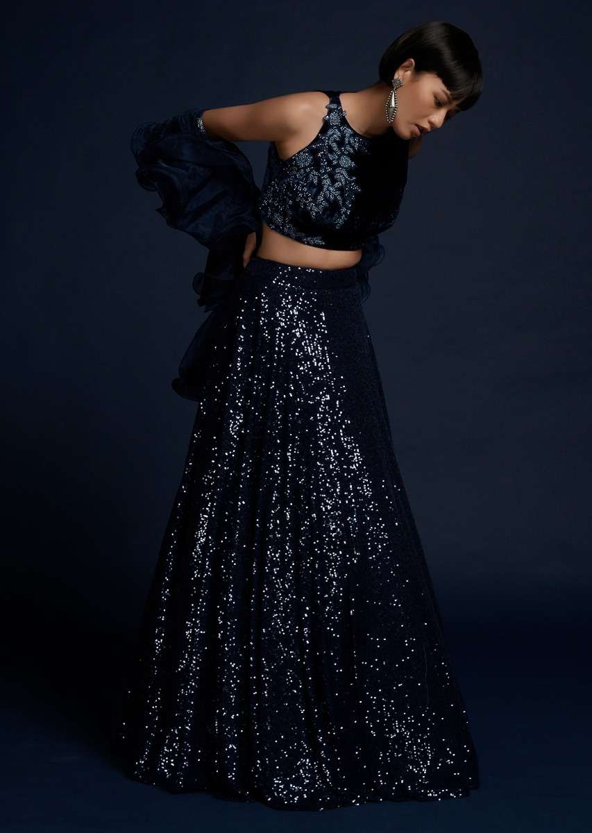 Navy Blue Lehenga Embellished In Sequins With Cut Dana Embellished Crop Top And Ruffle Dupatta