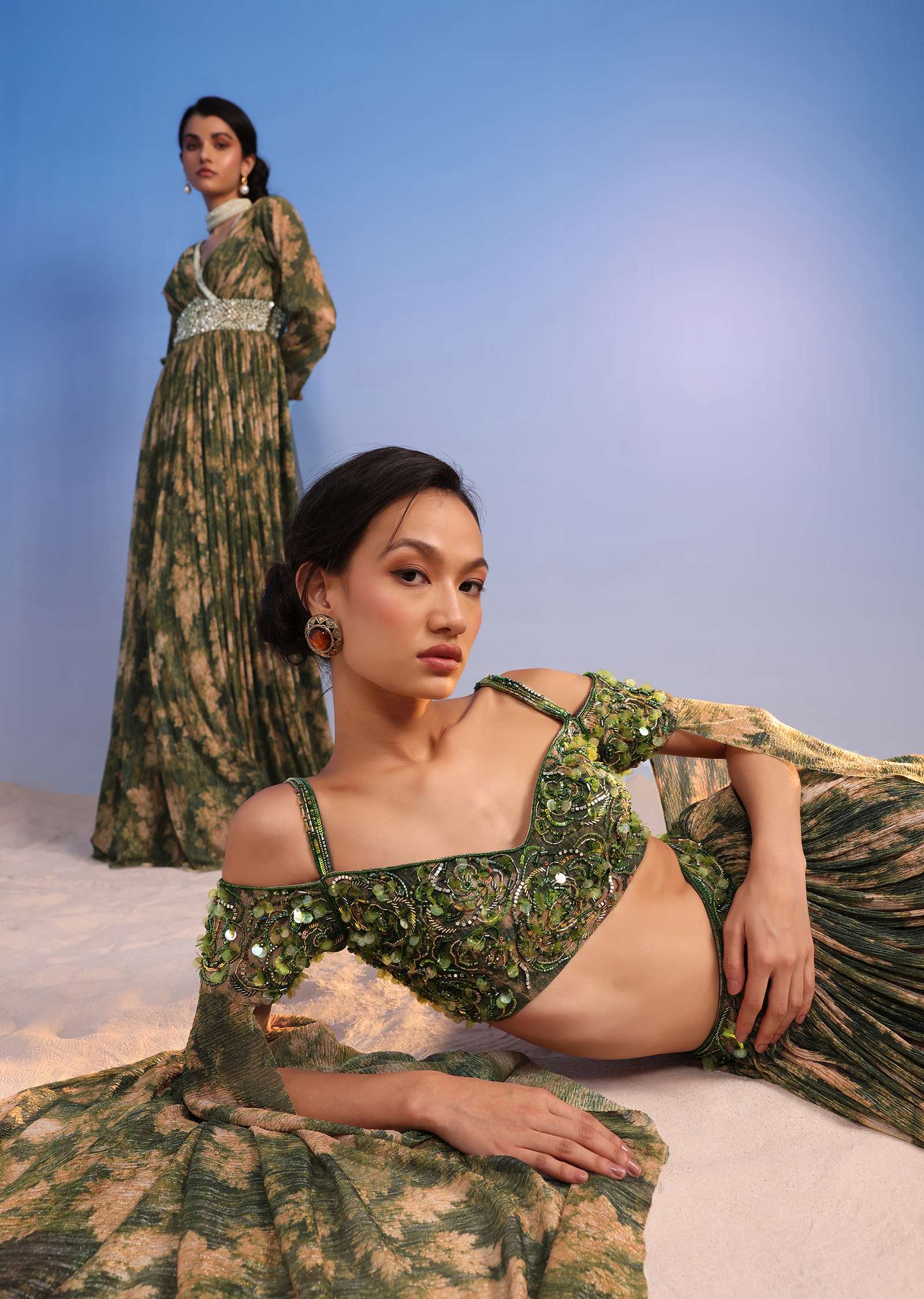 Olive Green Lehenga Set In Crush With Floral Print And Embroidered Blouse