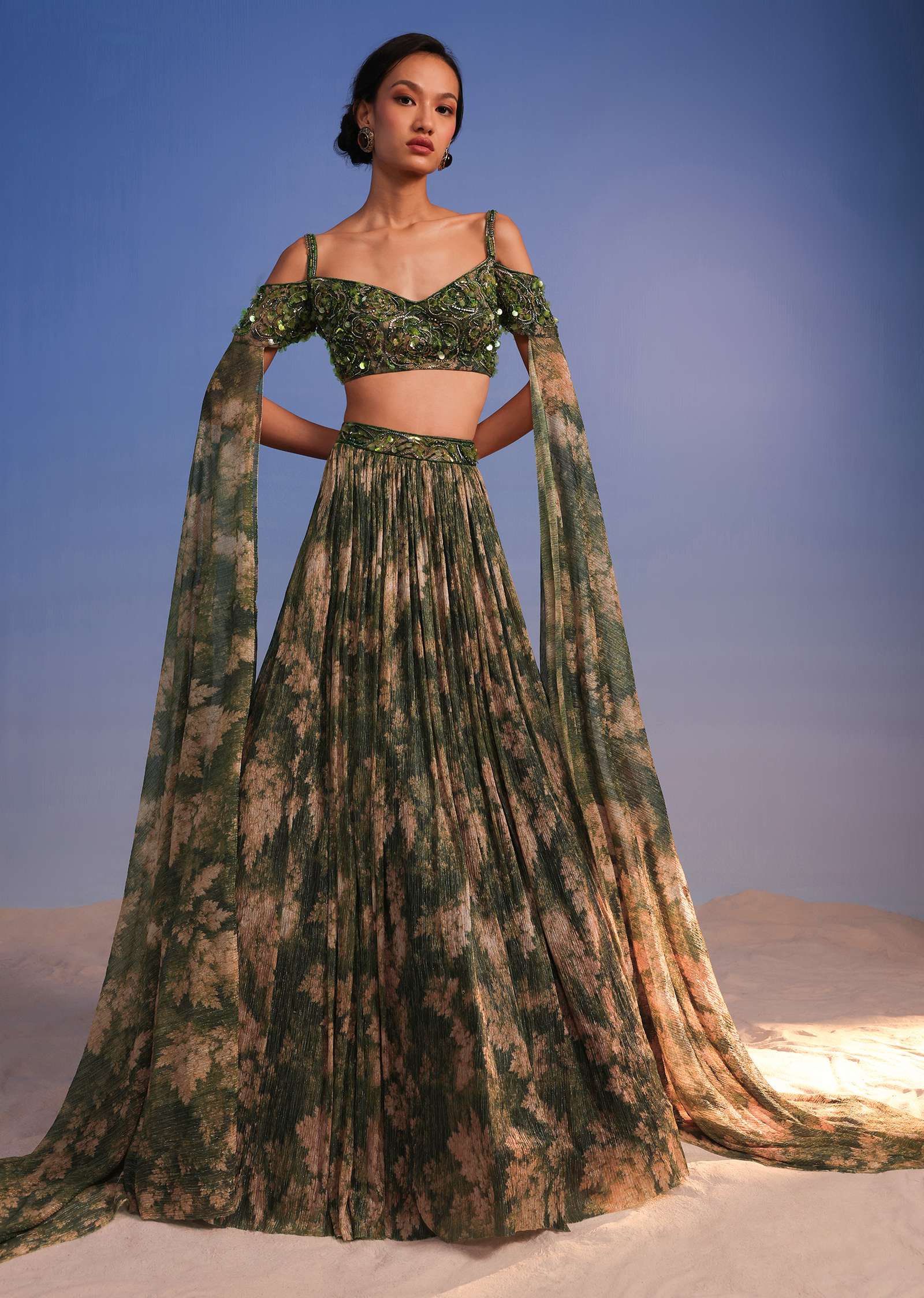 Olive Green Lehenga Set In Crush With Floral Print And Embroidered Blouse