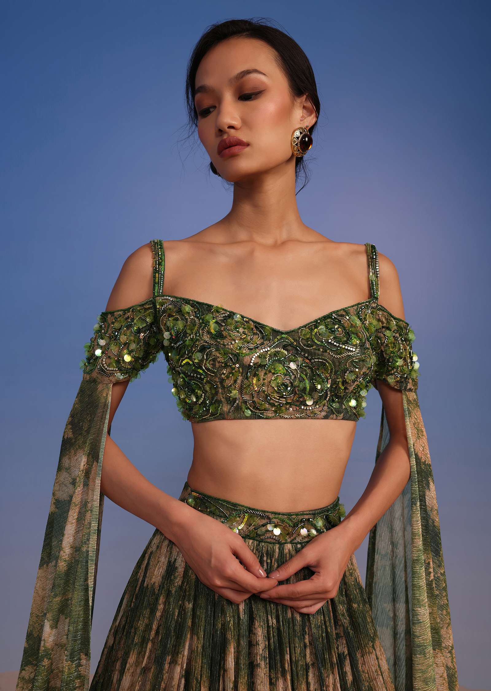 Olive Green Lehenga Set In Crush With Floral Print And Embroidered Blouse