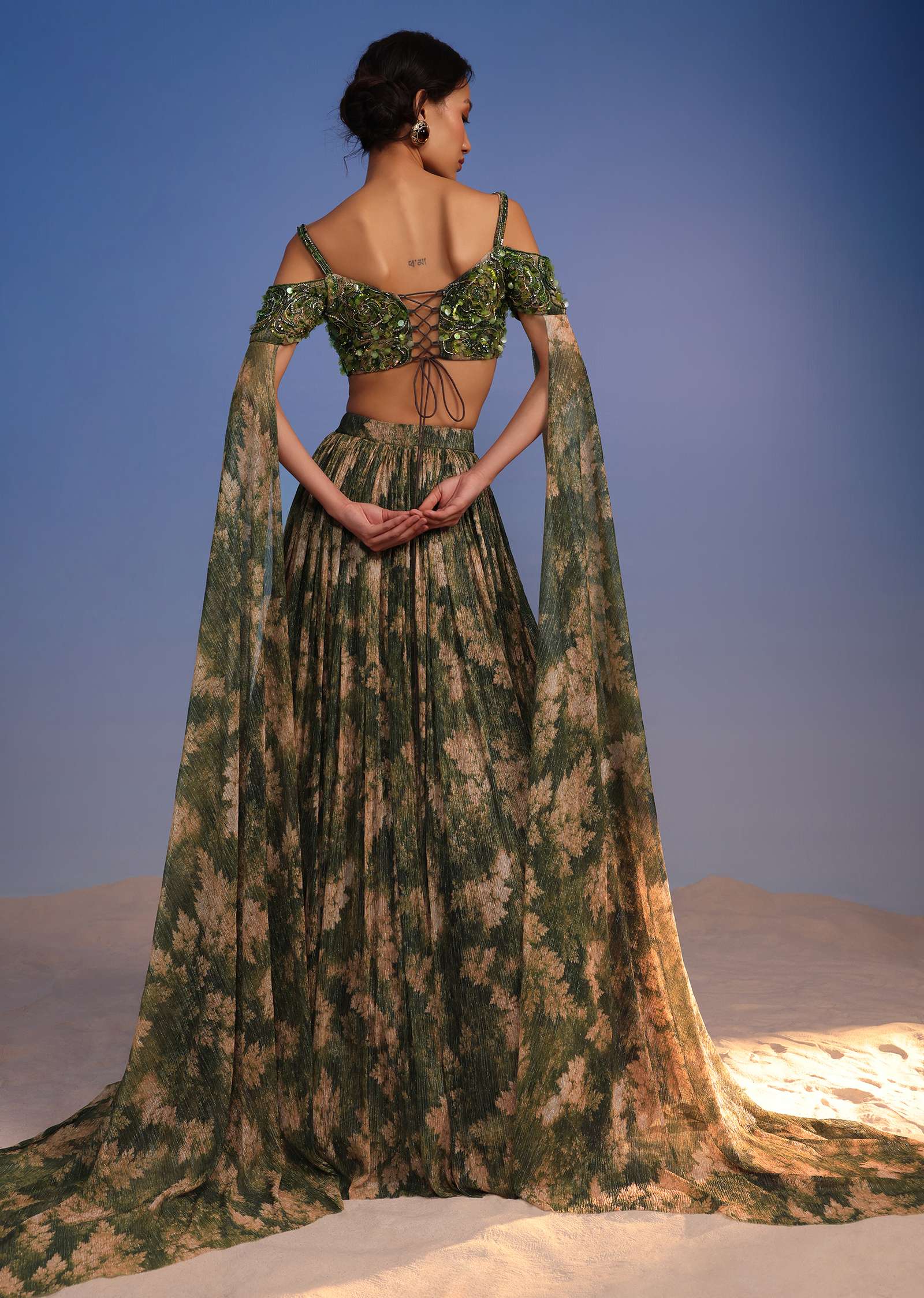 Olive Green Lehenga Set In Crush With Floral Print And Embroidered Blouse