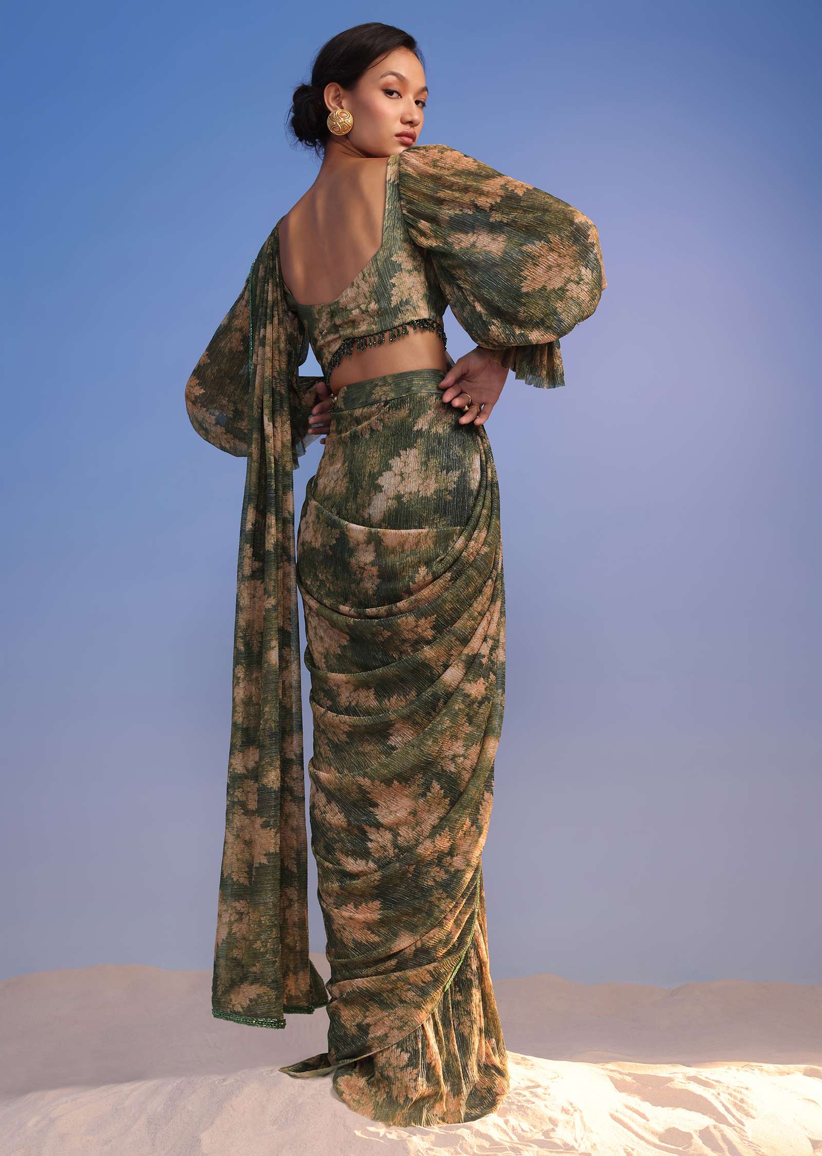 Olive Green Ready-To-Wear Saree In Crush With Floral Print