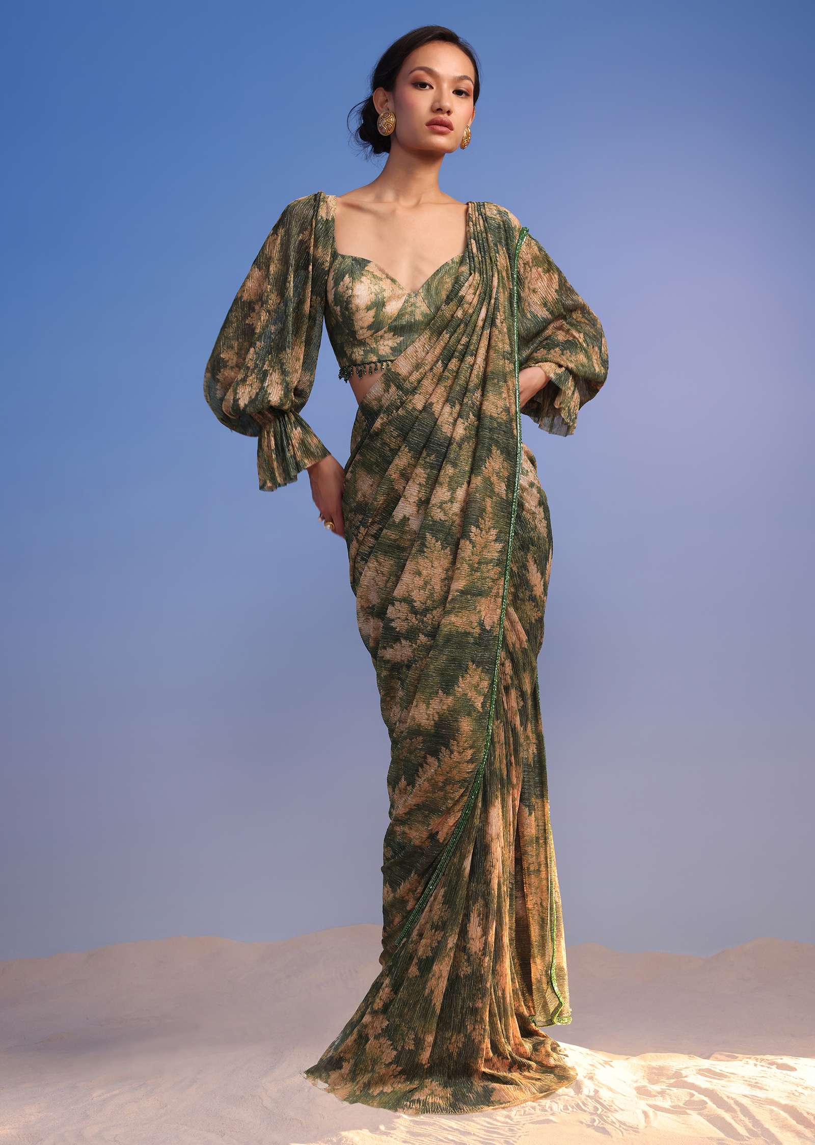 Olive Green Ready-To-Wear Saree In Crush With Floral Print