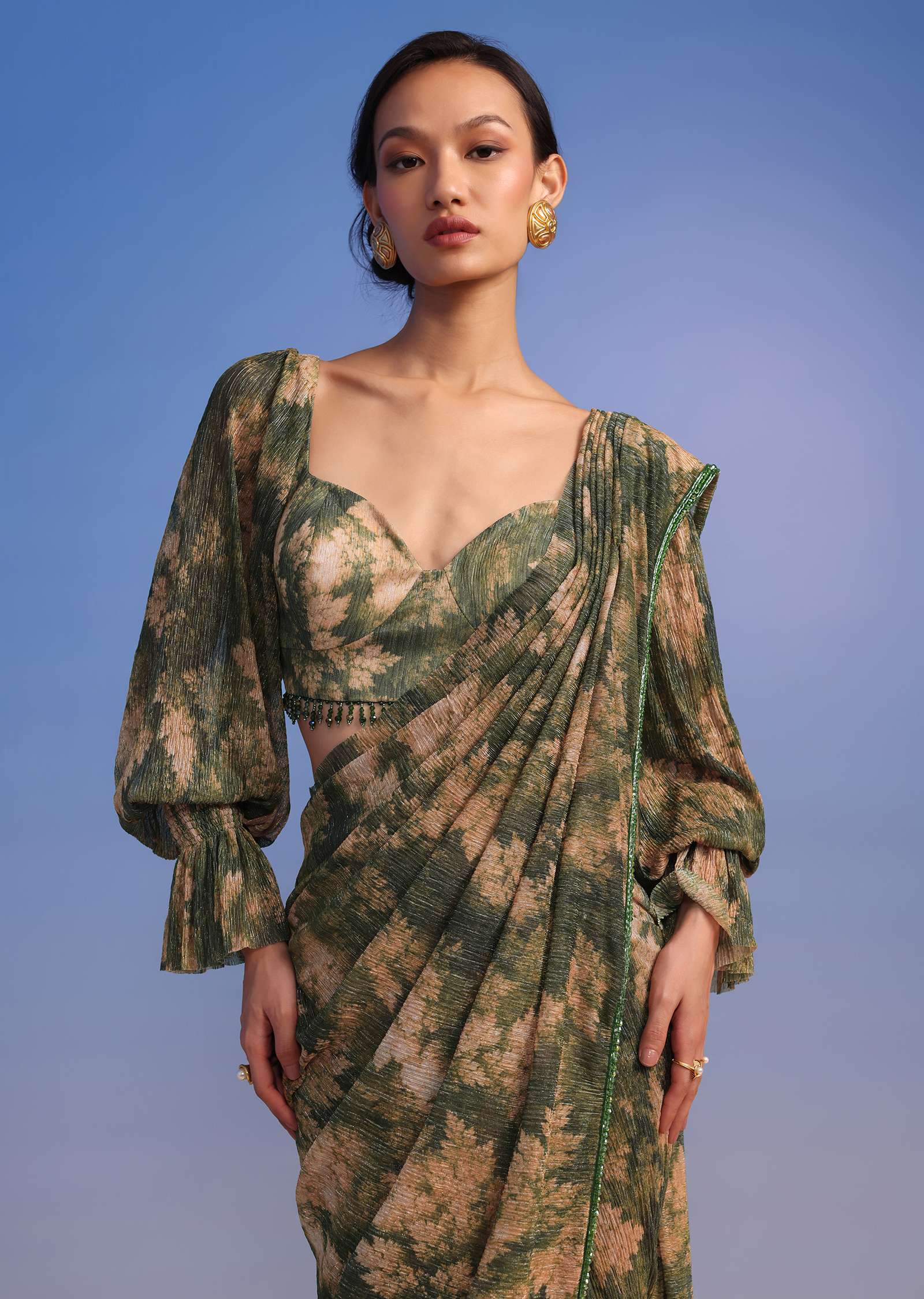 Olive Green Ready-To-Wear Saree In Crush With Floral Print