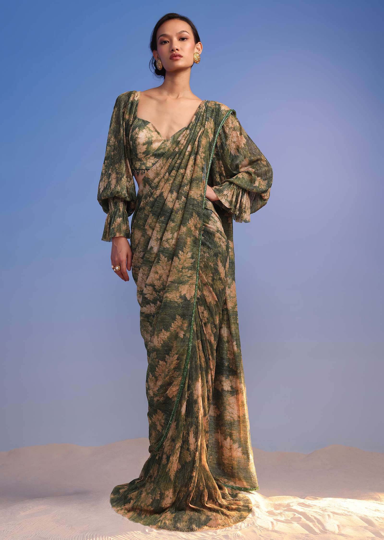 Olive Green Ready-To-Wear Saree In Crush With Floral Print