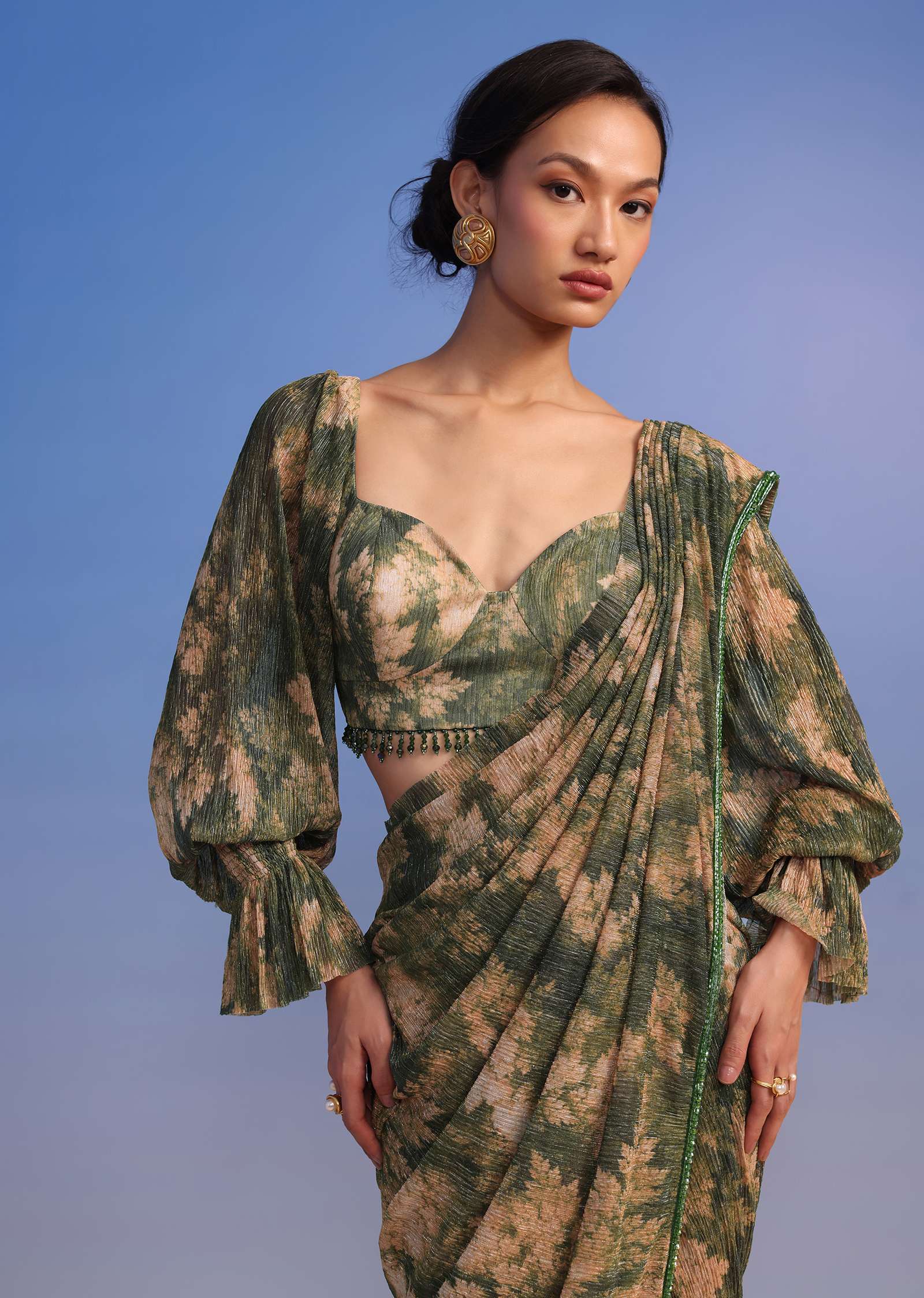Olive Green Ready-To-Wear Saree In Crush With Floral Print