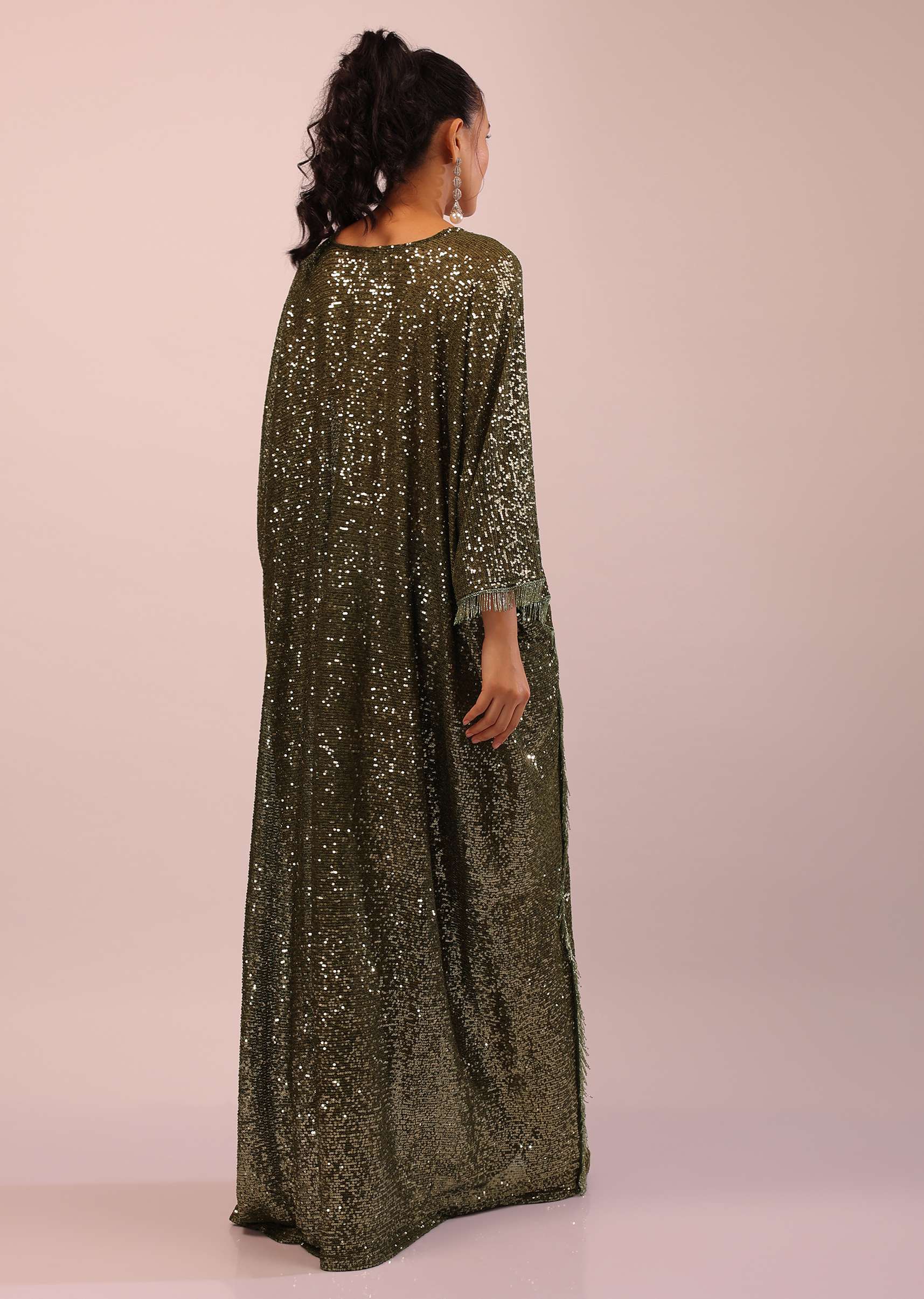Olive Sequins Kaftan With Scrunched Waist And Fringe Detailing