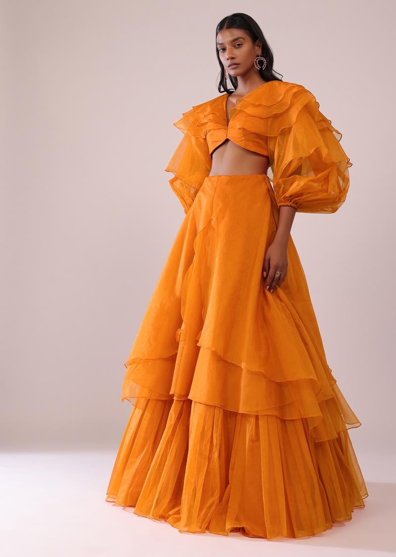Orange Layered Top And Lehenga Set In Organza