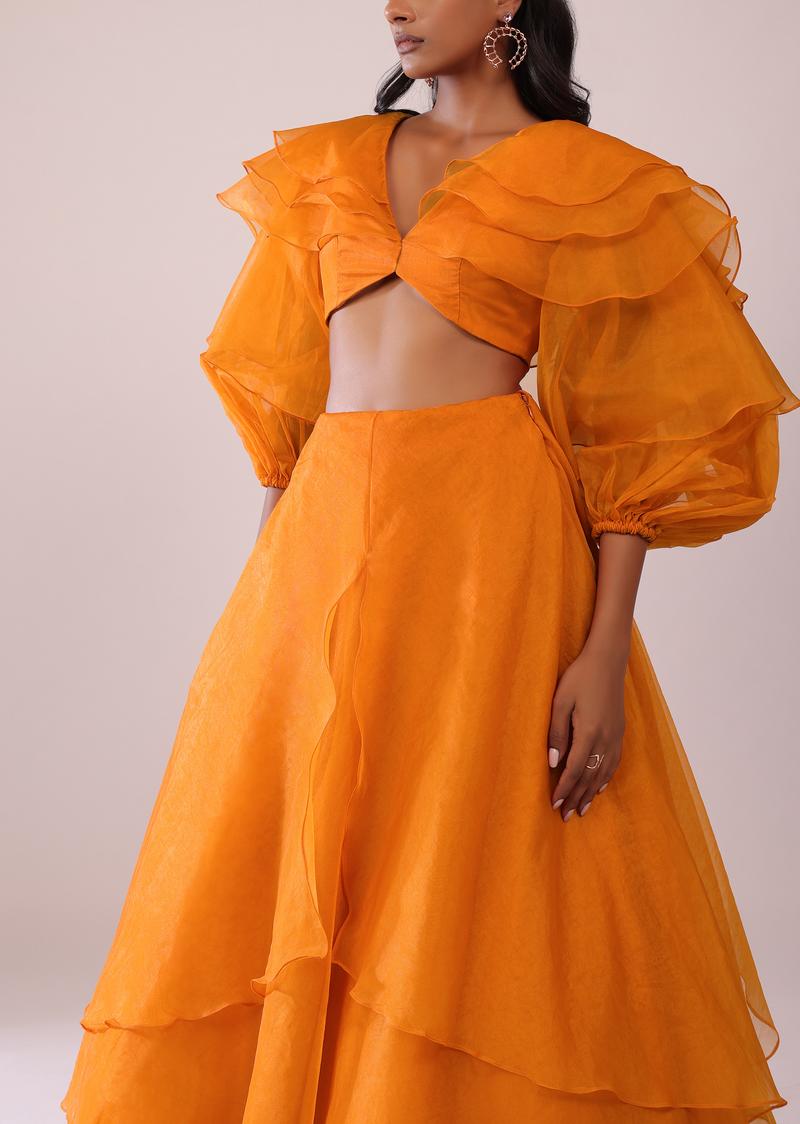 Orange Layered Top And Lehenga Set In Organza
