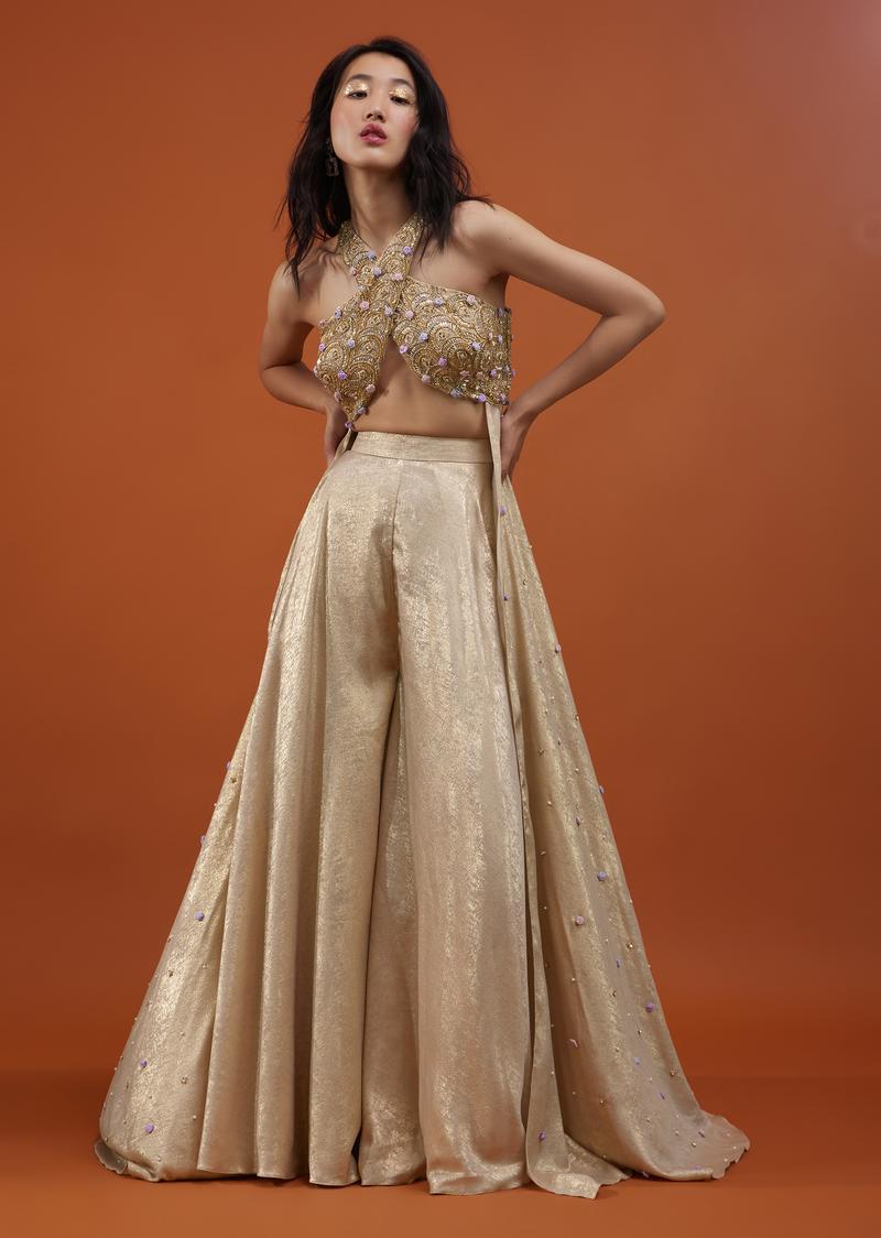 Gold Toned Palazzo Top In With Attached Cape - Noor 2022