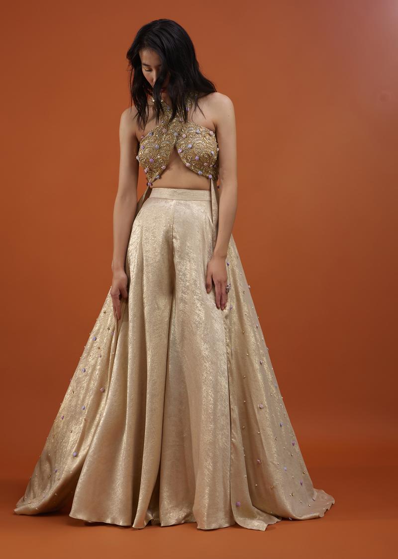 Gold Toned Palazzo Top In With Attached Cape - Noor 2022