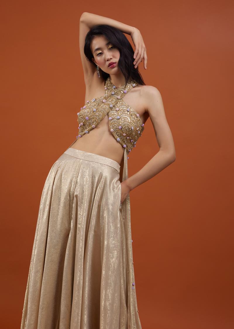 Gold Toned Palazzo Top In With Attached Cape - Noor 2022