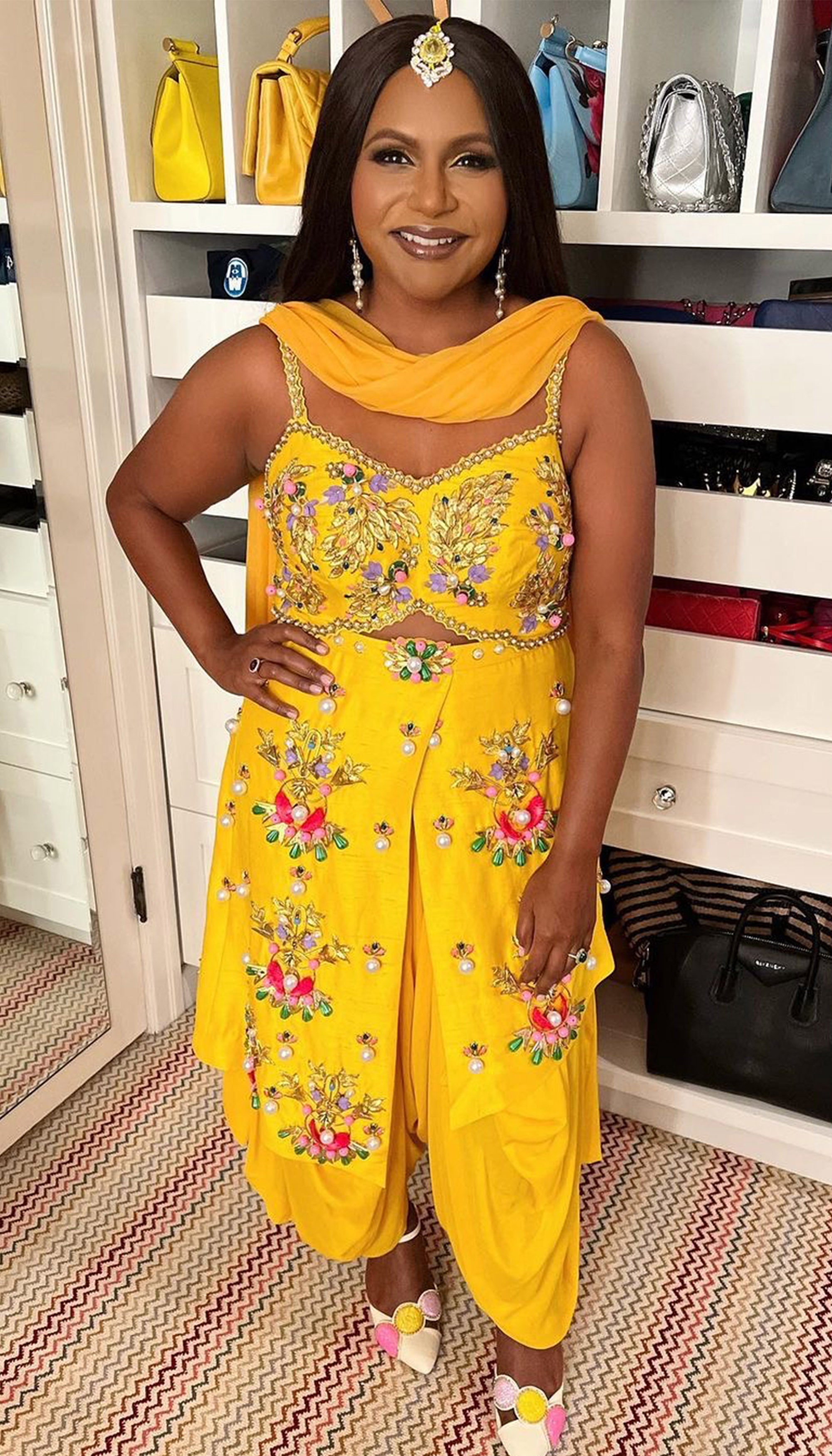 Mindy Kaling - Mustard Yellow Embellished Dhoti Jumpsuit