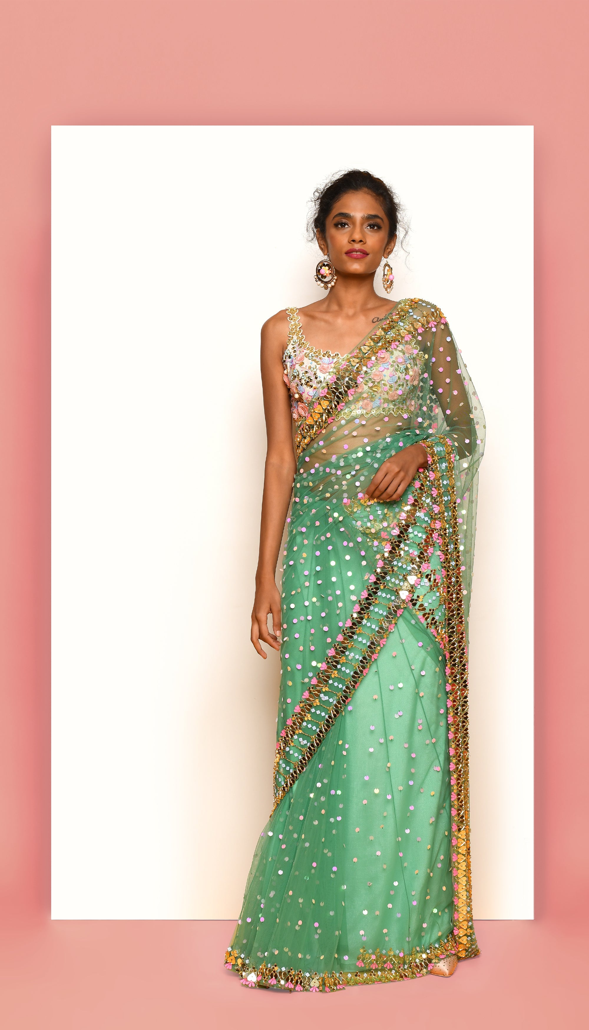 Vivien - Forest Green Embellished Pre-Stiched Saree Set