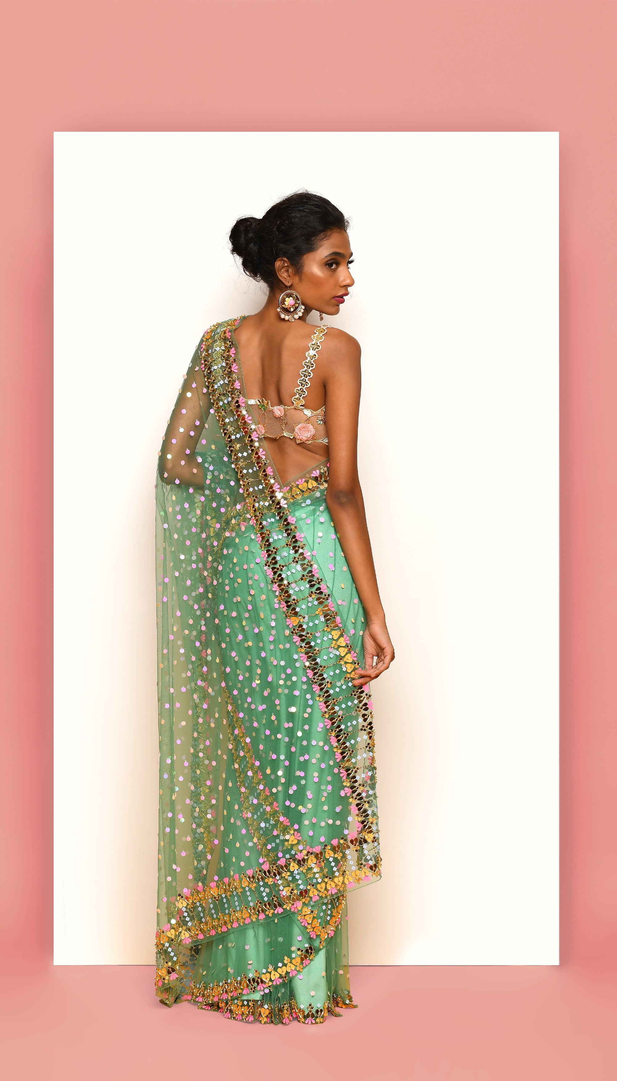 Vivien - Forest Green Embellished Pre-Stiched Saree Set