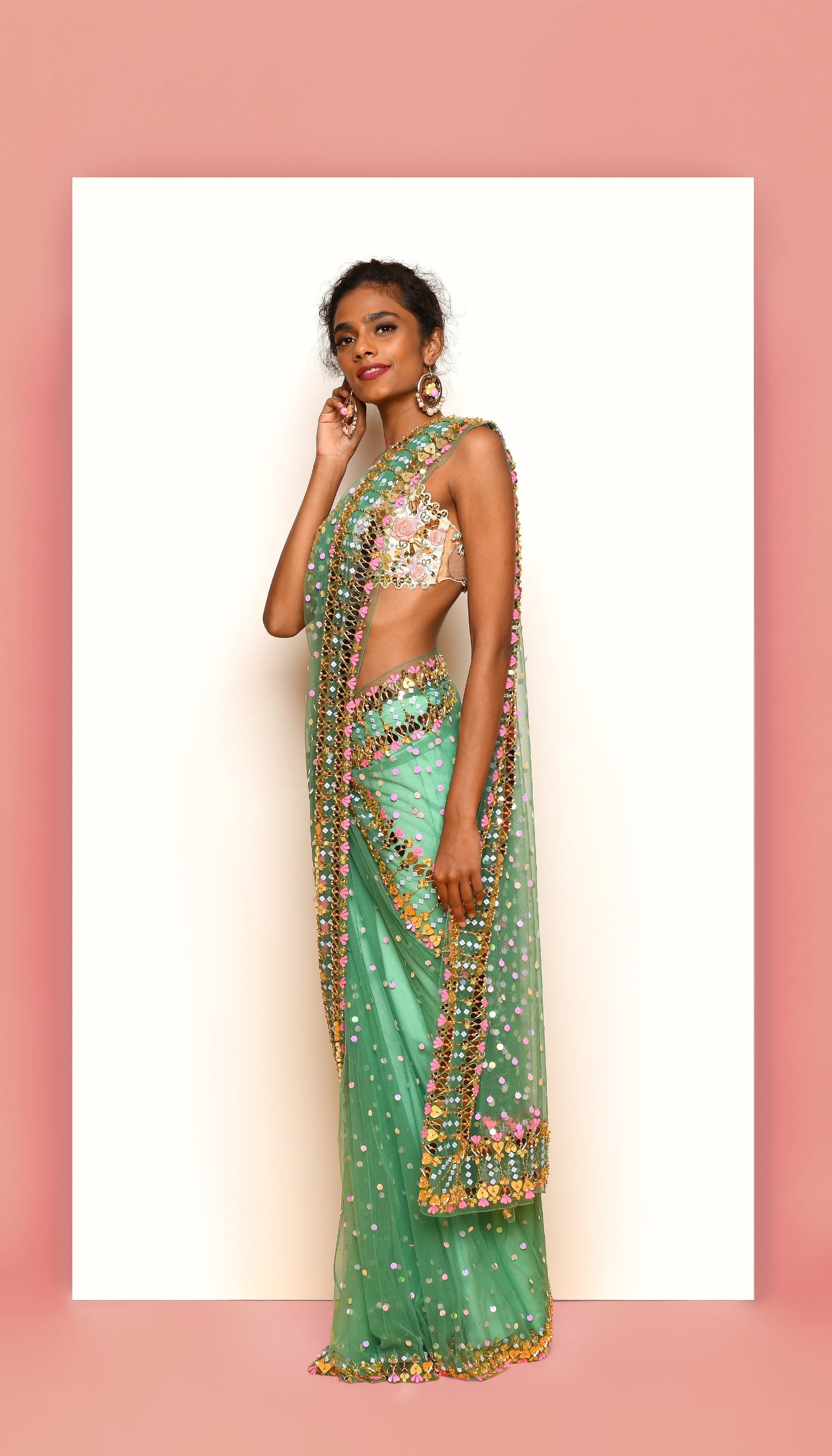 Vivien - Forest Green Embellished Pre-Stiched Saree Set