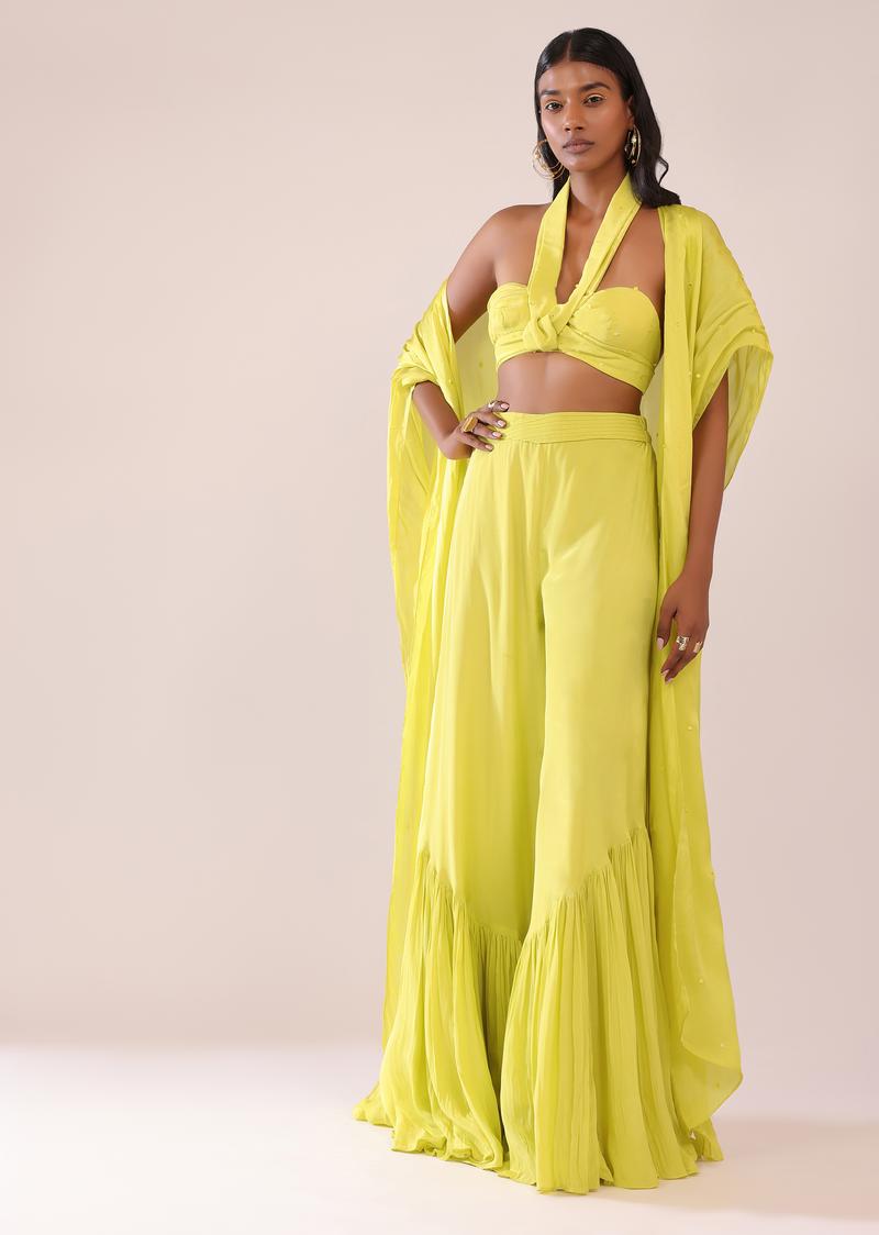 Sheen Green Halter Neck Knoted Blouse And Pant Set With Floor Length Shrug
