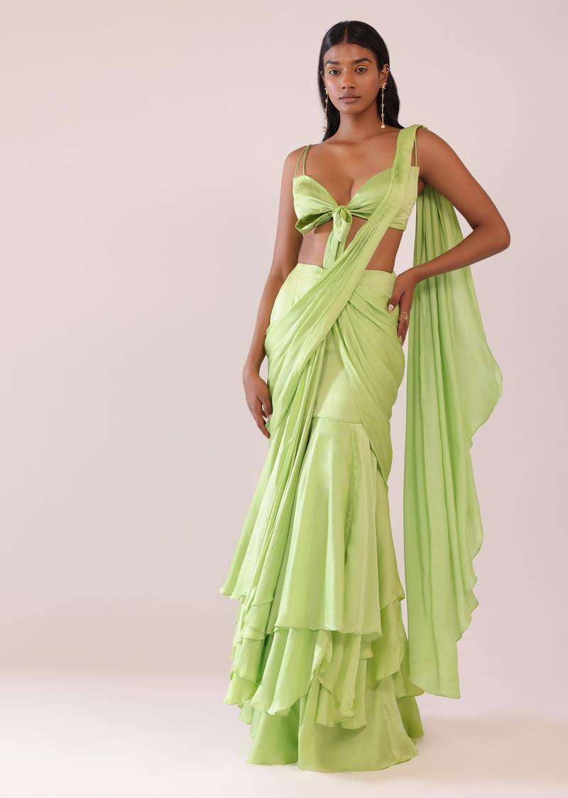 Tea Green Drape Saree And Blouse With Embroidered Belt