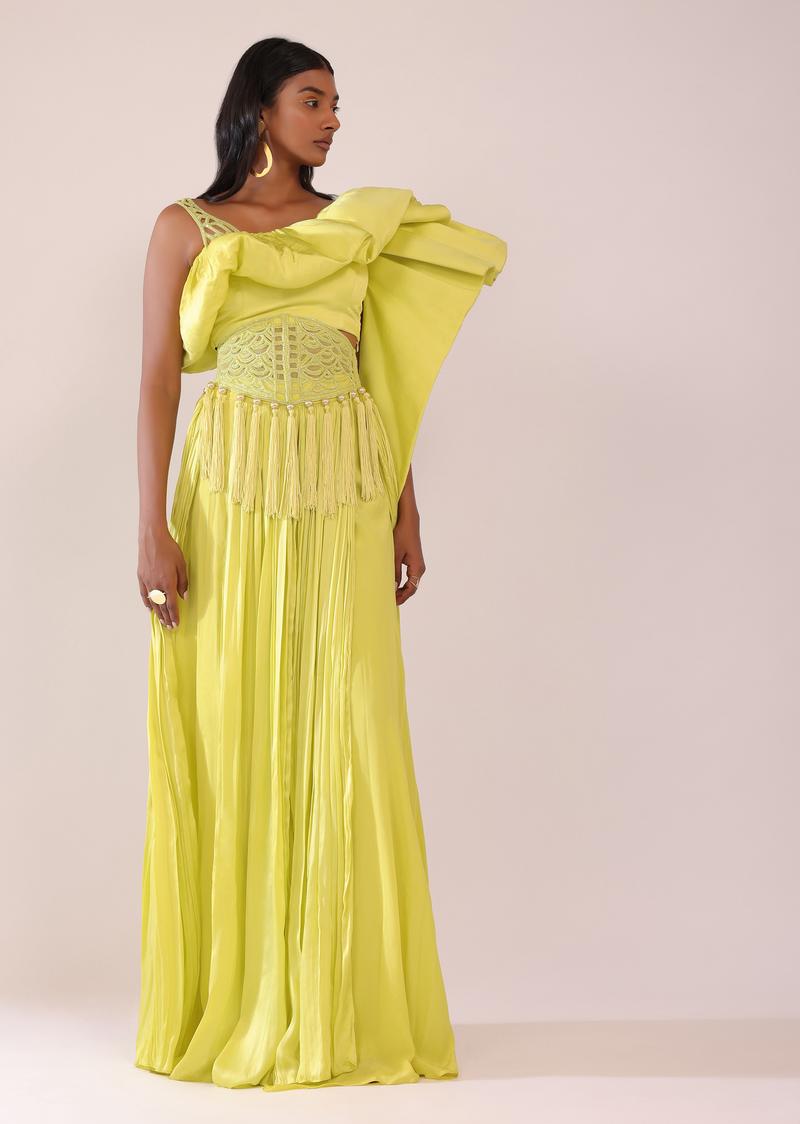 Sheen Green Satin Palazzo & Top With Elaborated Sleeves And Embroidered Belt