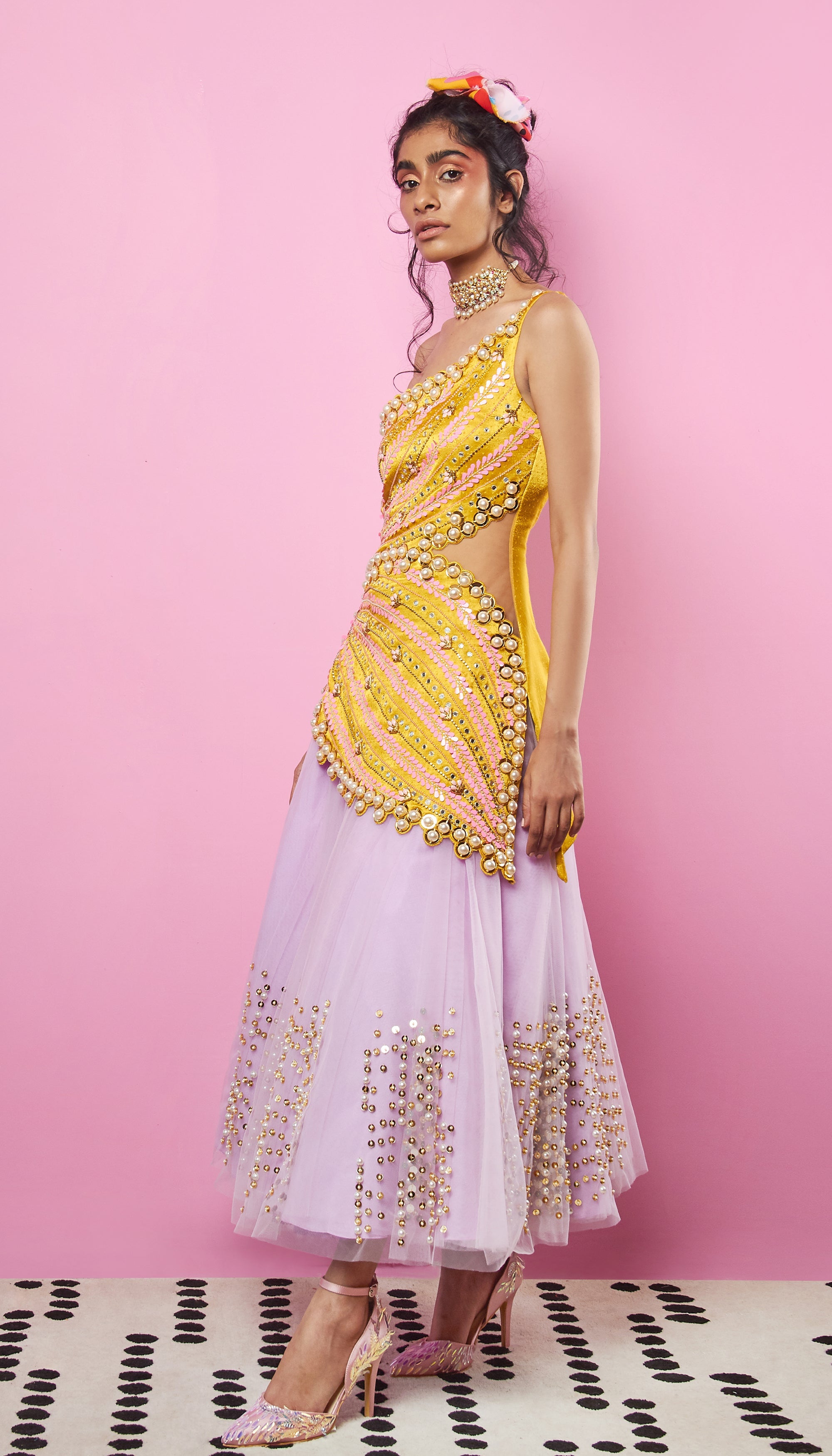 Now We Can Only Dance - Lilac And Yellow Embellished Half Lehenga Set