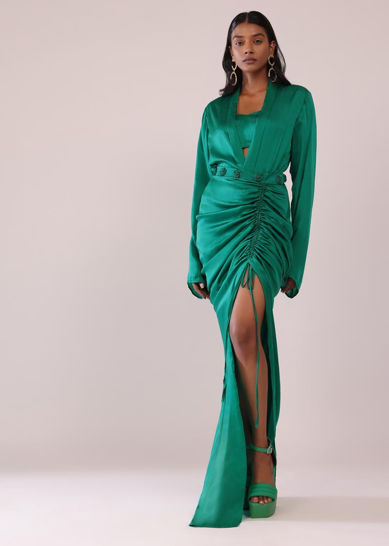 Jade Green Co-Ord Shirt And Skirt Set With Bustier In Satin