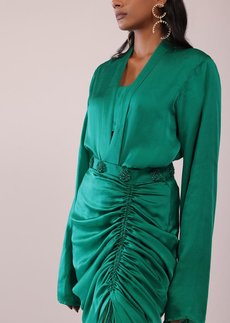 Jade Green Co-Ord Shirt And Skirt Set With Bustier In Satin