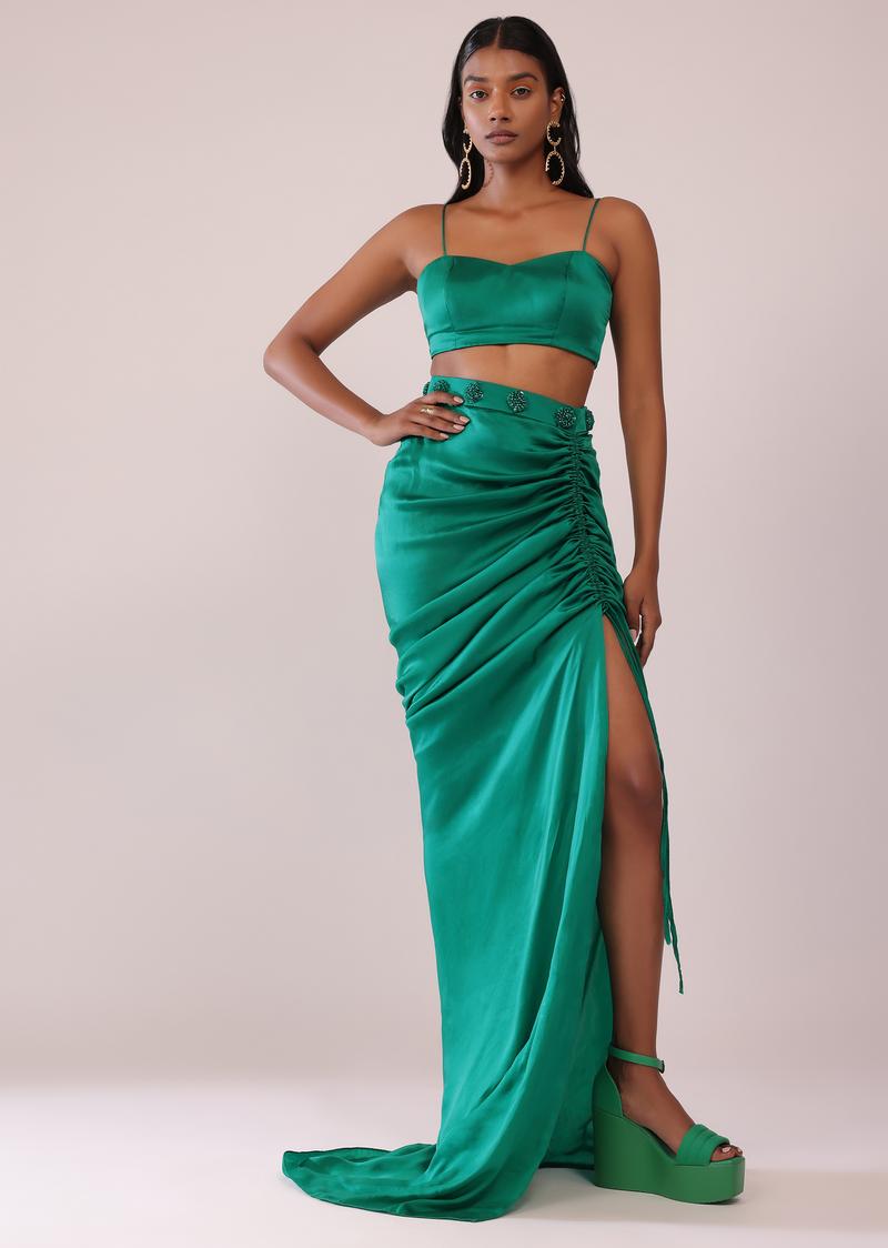 Jade Green Co-Ord Shirt And Skirt Set With Bustier In Satin