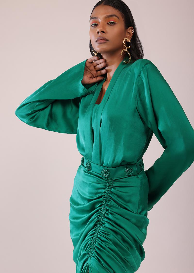 Jade Green Co-Ord Shirt And Skirt Set With Bustier In Satin