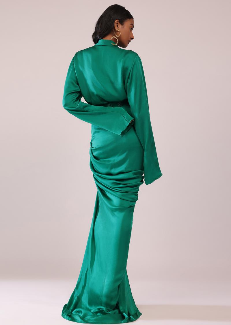 Jade Green Co-Ord Shirt And Skirt Set With Bustier In Satin