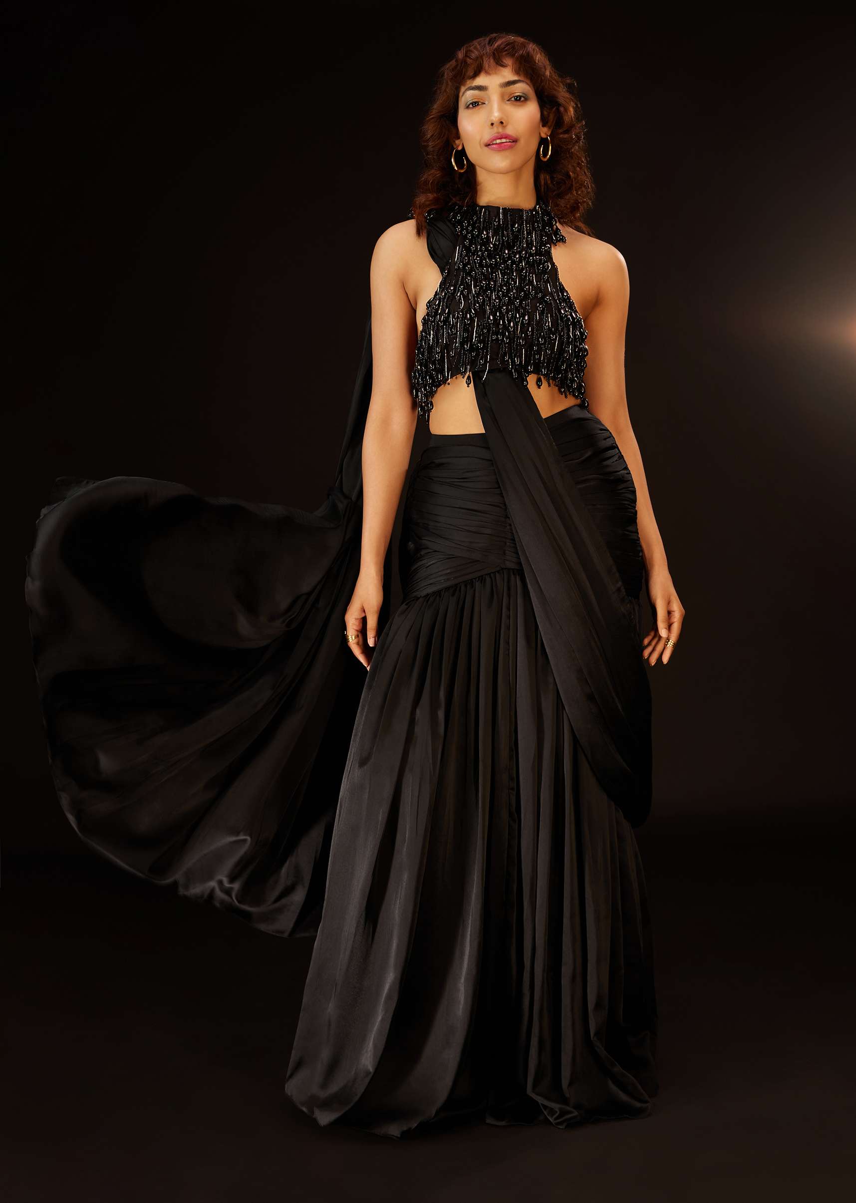 Phantom Black Pre-Pleated Saree In Satin With An Embroidered Halter Blouse - Deme X Kalki