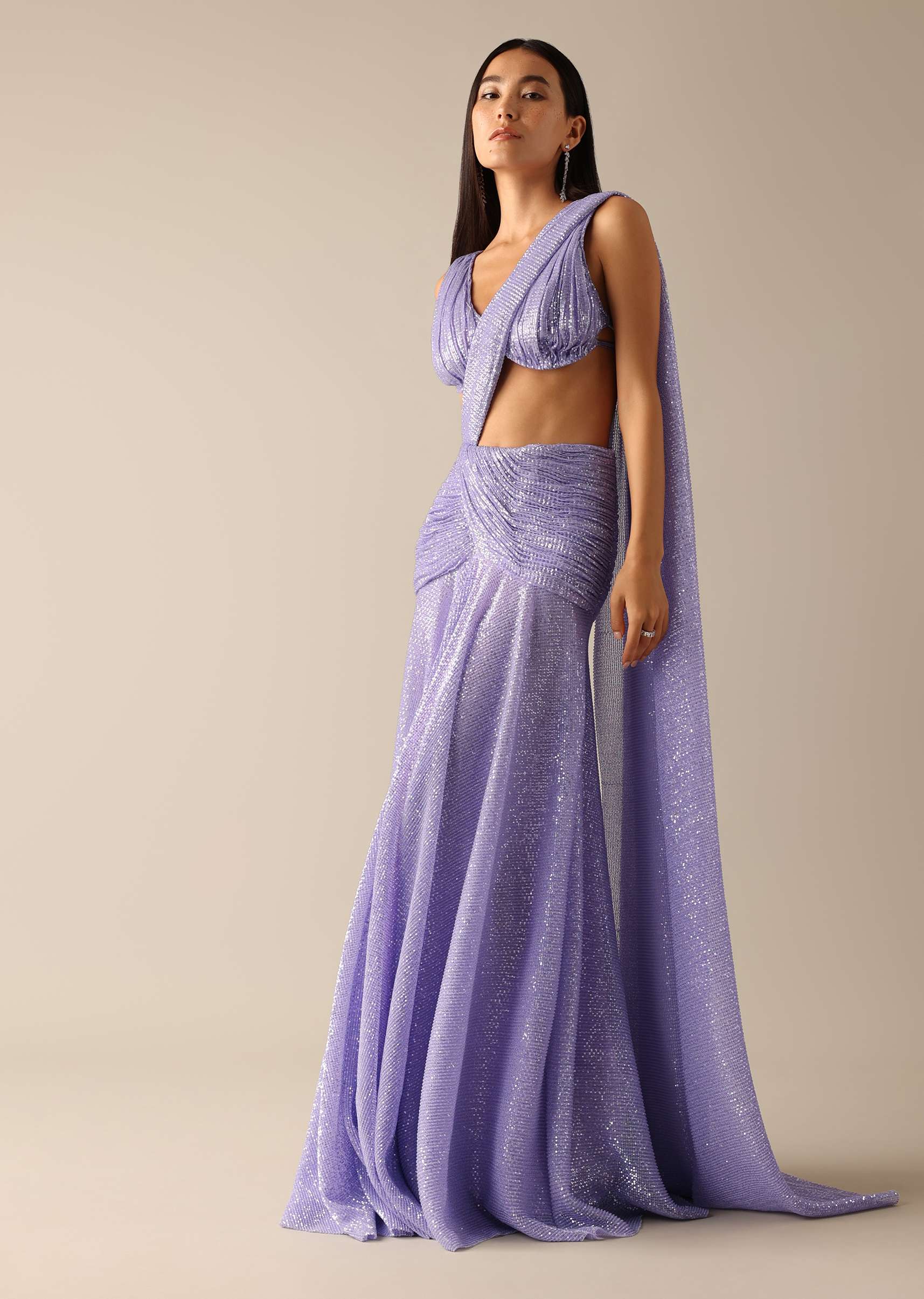 Purple Lehenga Style Shimmer Saree With A Ruched Blouse