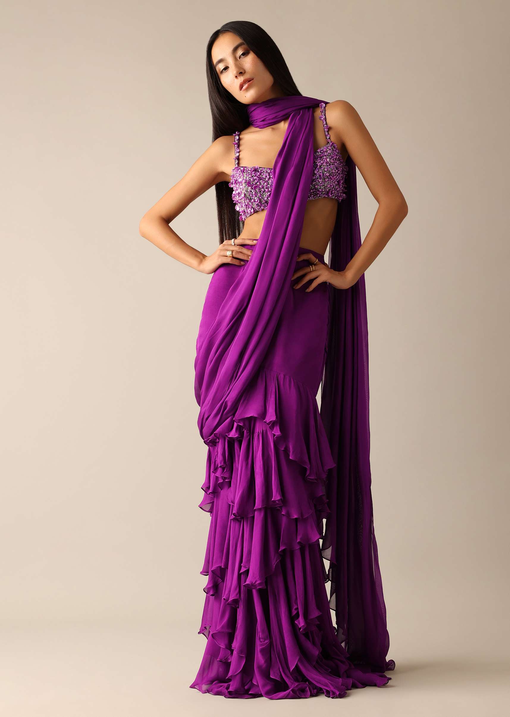 Purple Pre-Draped Layered Frill Saree With Embroidered Blouse - Deme X Kalki