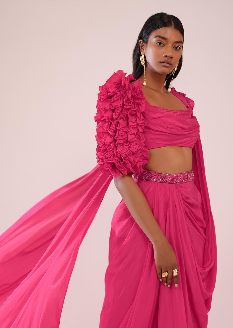 Rani Pink Drape Saree With Fancy Blouse In Crepe