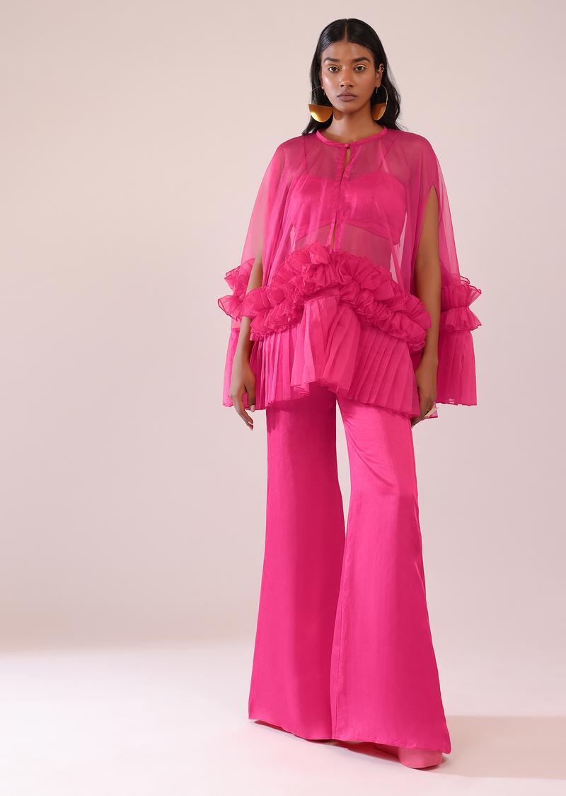 Rani Pink In Organza Frill Jacket & Pant Set With Bustier