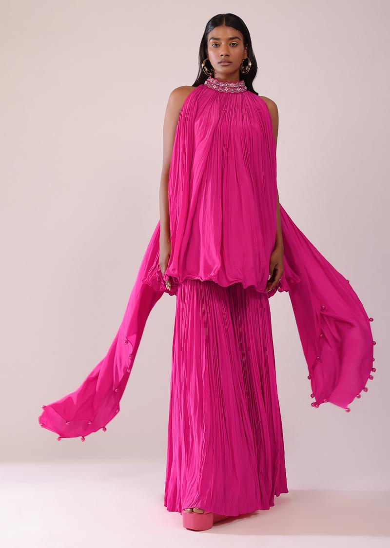 Rani Pink Palazzo And Halter Neck Top Set In Crepe With Hand Embroidery
