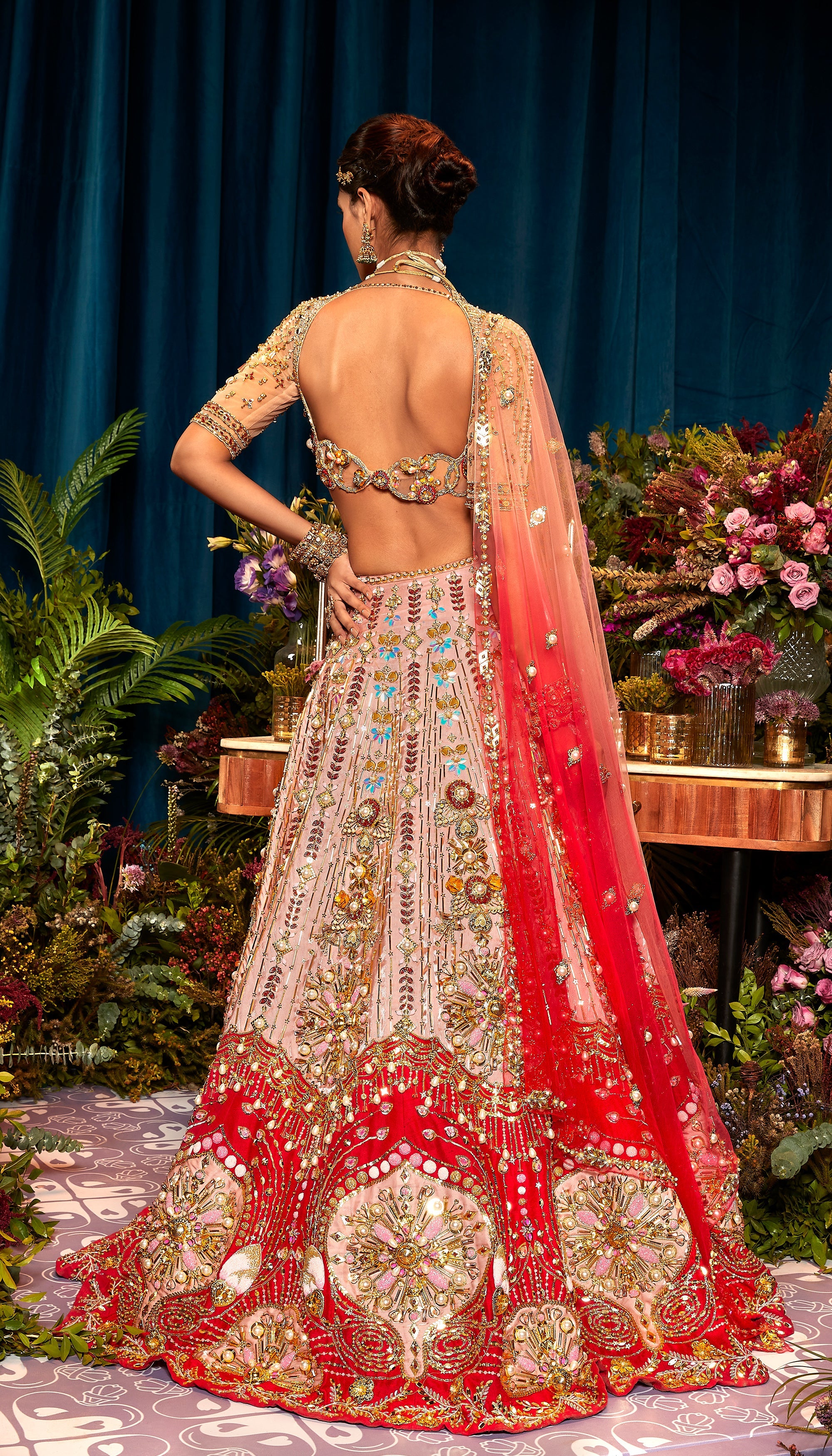 Rosetta - Peach And Red Lehenga Set