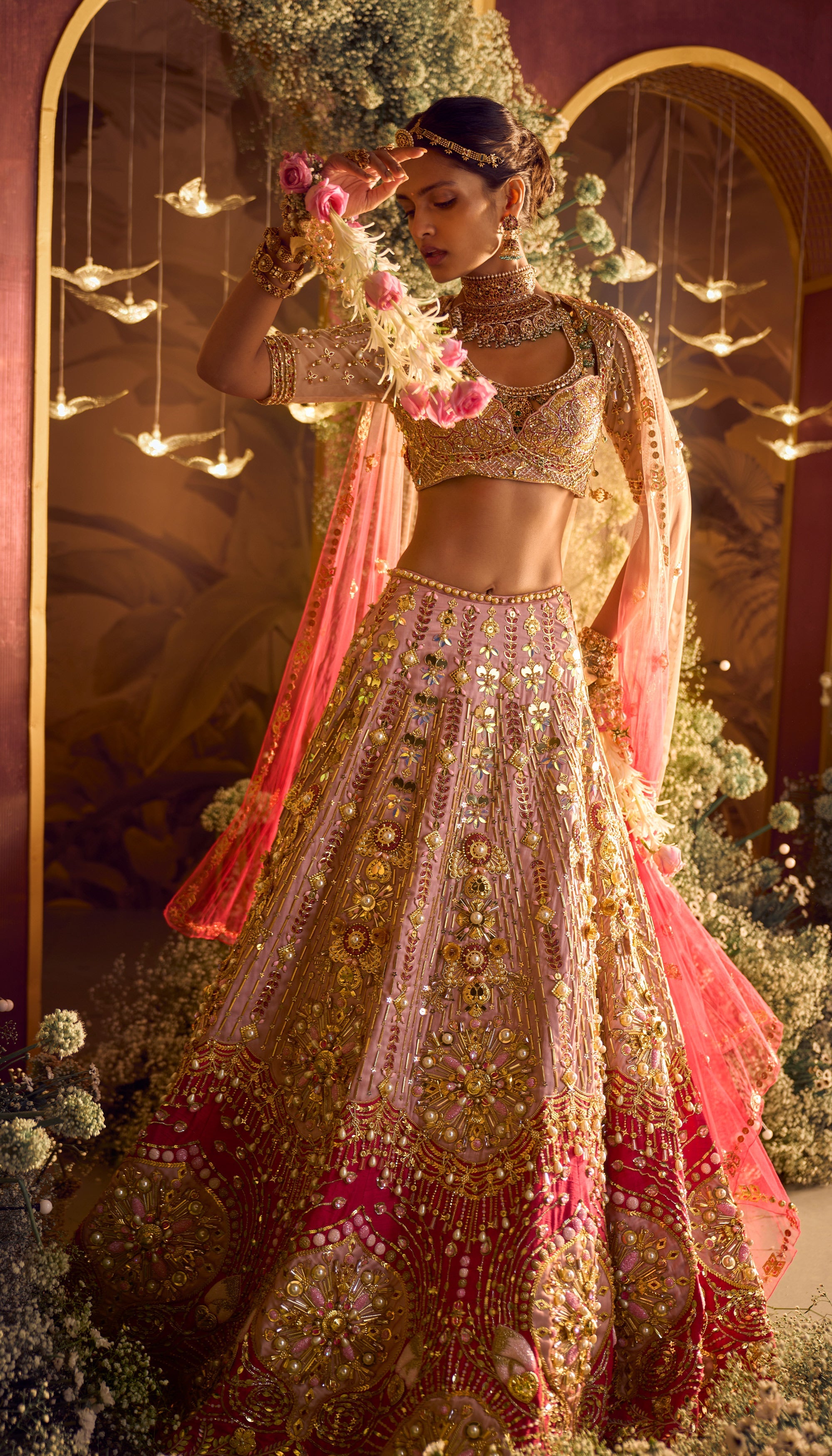 Rosetta - Peach And Red Lehenga Set